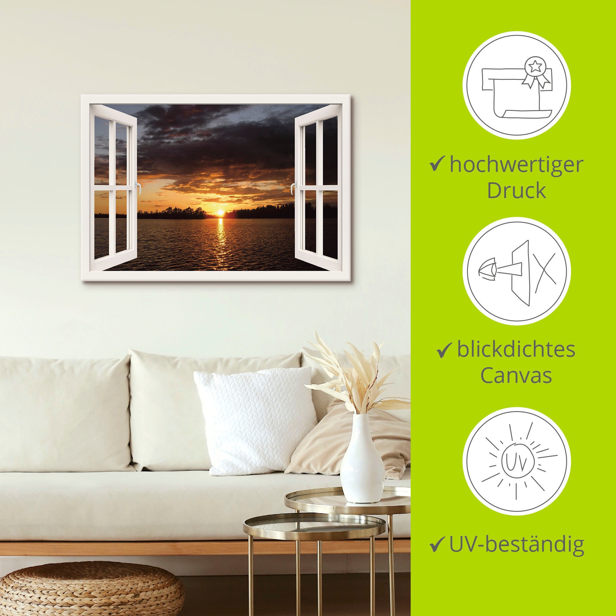 Artland Leinwandbild »Sonnenuntergang am See, weißes Fenster«, Seebilder, (1 St.), auf Keilrahmen gespannt