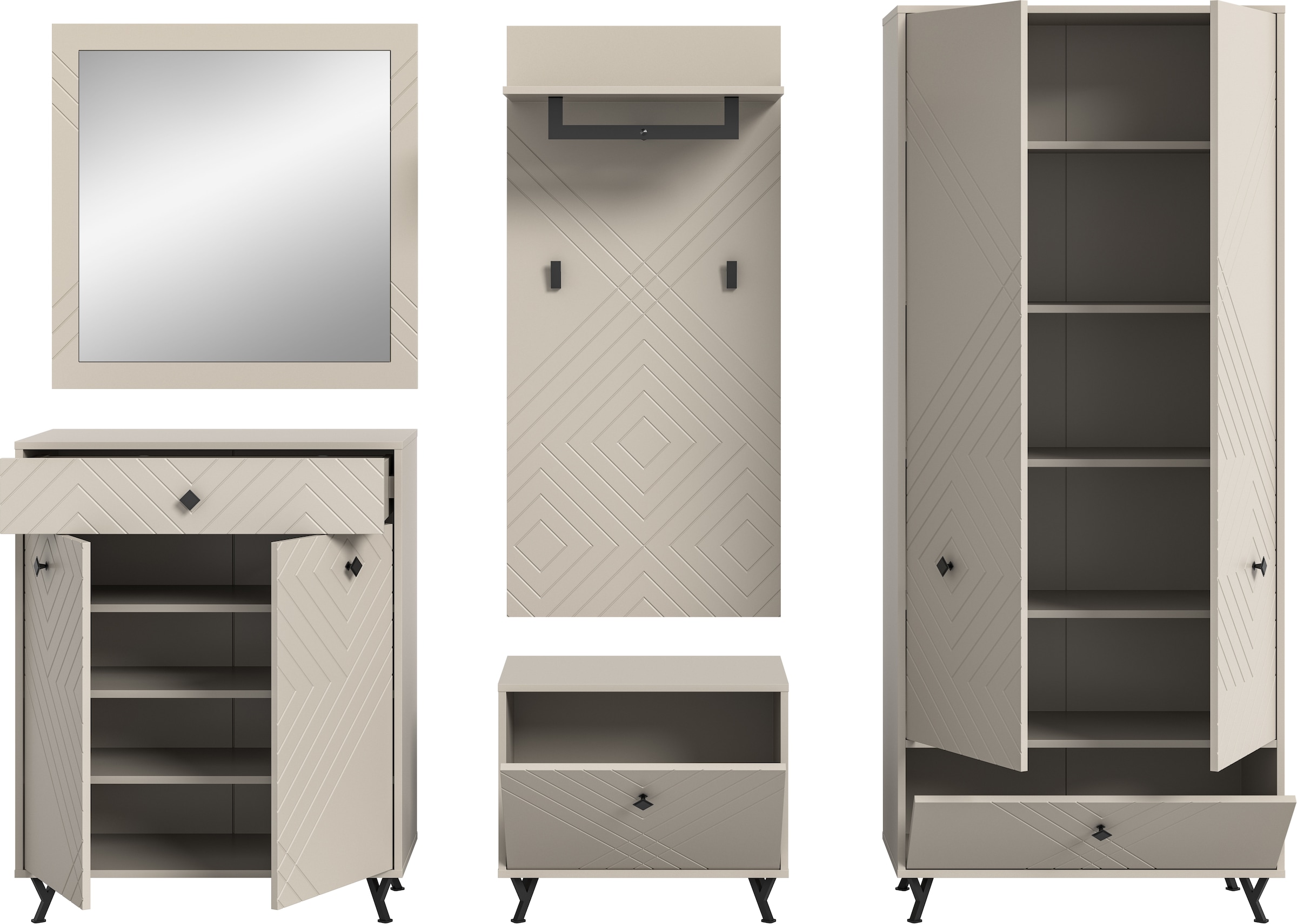 INOSIGN Garderoben-Set »Mento, 5-teilig, Ornamentfräsung in der Front, bestehend aus:«, (Set, 5 St.), Schuhkommode, Spiegel, Sitzbank, Garderobenpaneel, Garderobenschrank