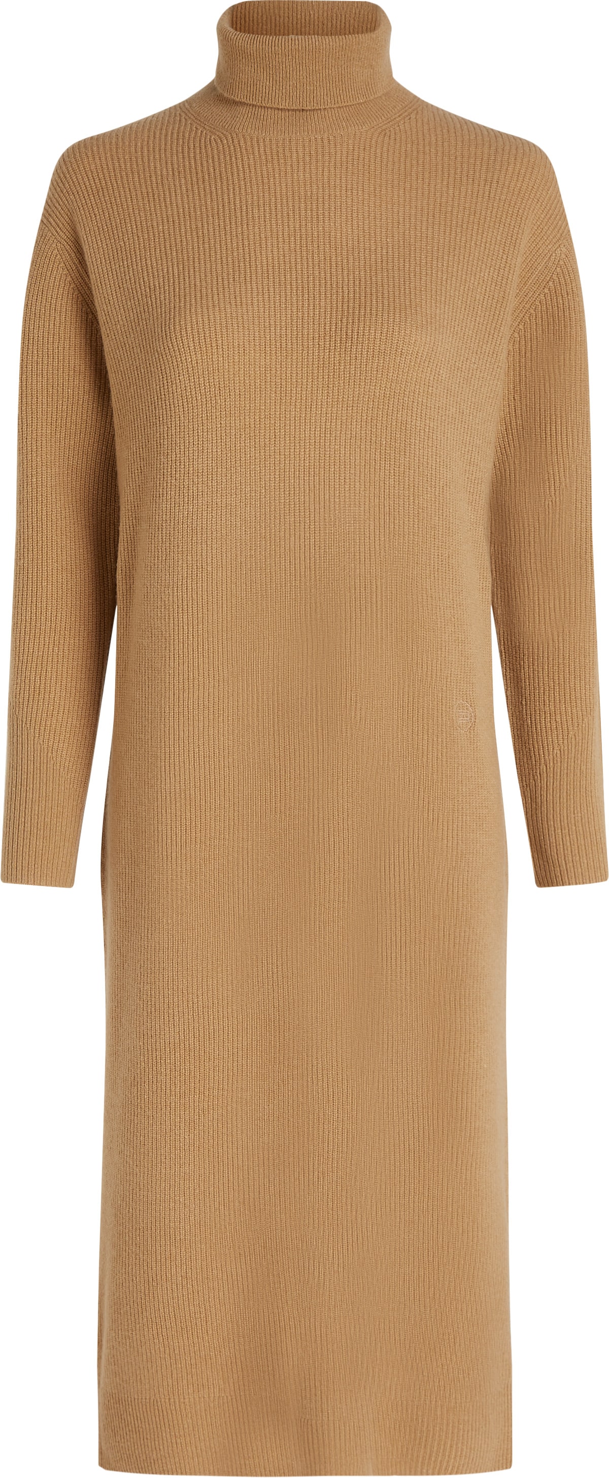 Tommy Hilfiger Strickkleid »WOOL CASH ROLL-NK LONG DRESS«, mit Logostickerei, in Rippoptik
