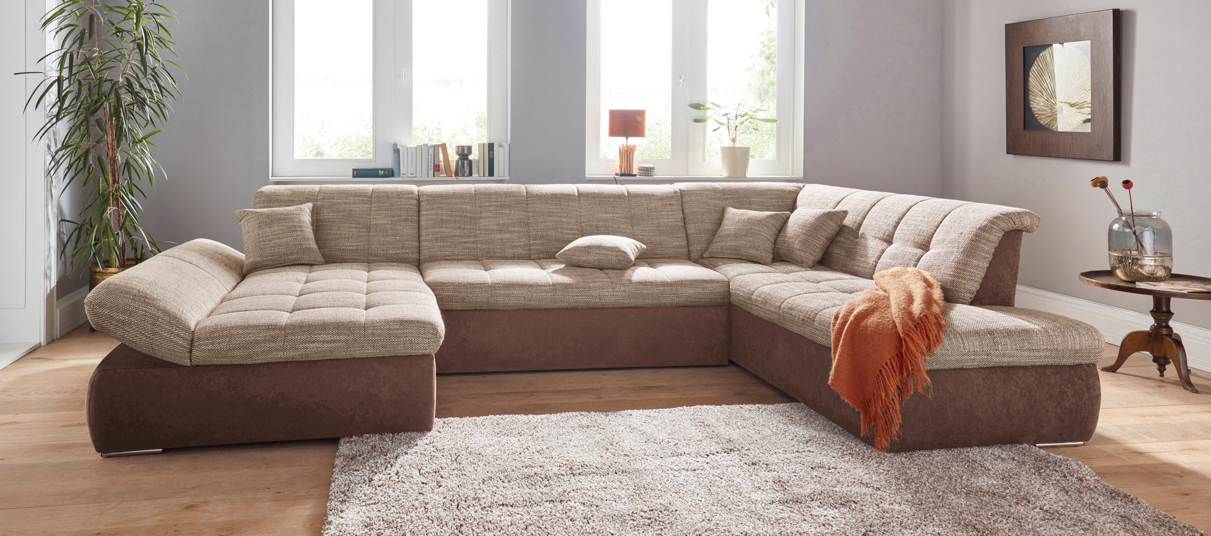 DOMO collection Wohnlandschaft »PB Moric wahlweise mit Bettfunktion und Armteilverstellung  U-Form«, XXL-Format B/T/H: 353/216/80 cm, feine Steppung, incl. Zierkissen