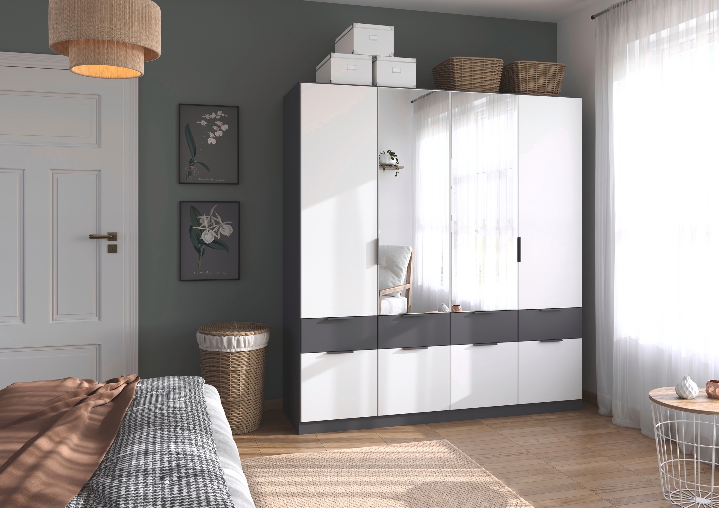 rauch Kleiderschrank »Kleiderschrank Schrank Garderobe Wäscheschrank DUNDEE«, (mit 3 Griff-Varianten), Schubladen in zwei Höhen, optional mit Spiegel MADE IN GERMANY