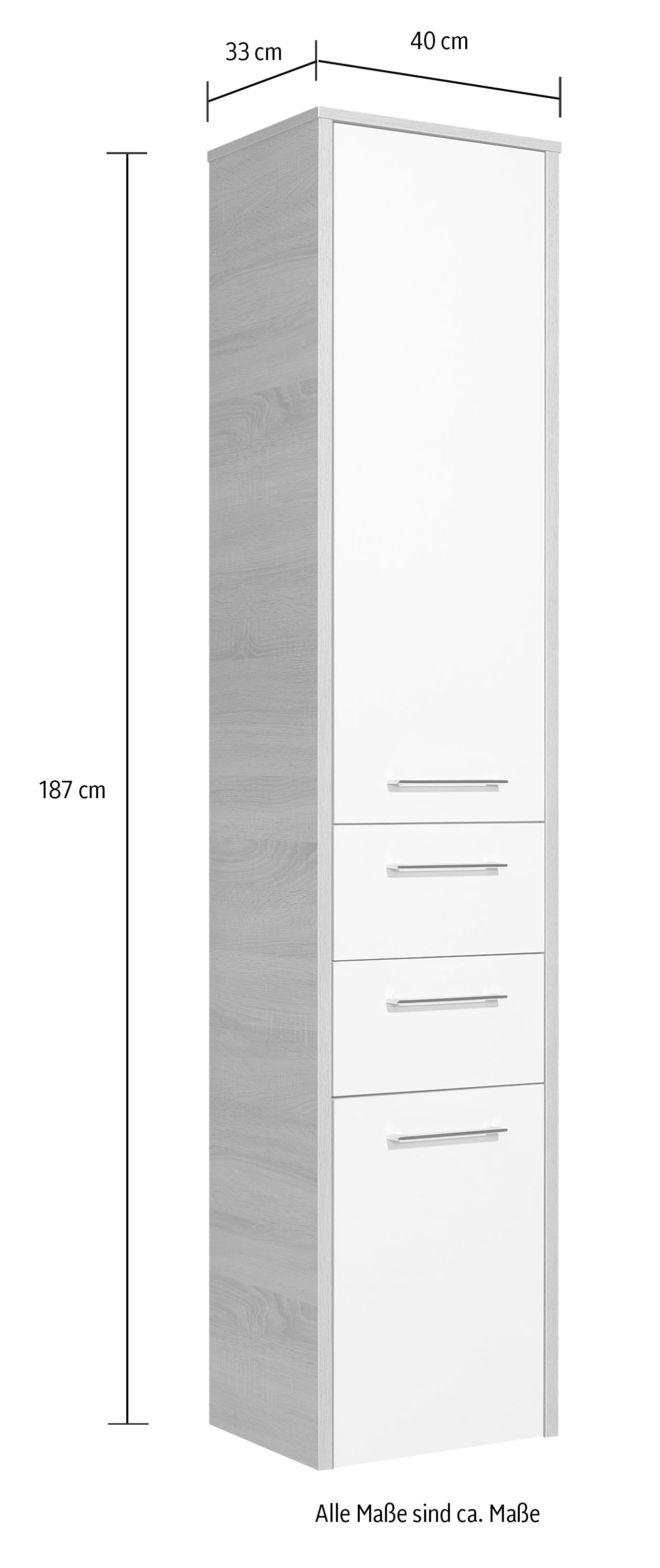 Saphir Hochschrank »Quickset 382 Badschrank 40 cm breit, 2 Türen, 2 Schubladen« Badezimmer-Hochschrank, Weiß Hochglanz, Griffe in Chrom glänzend