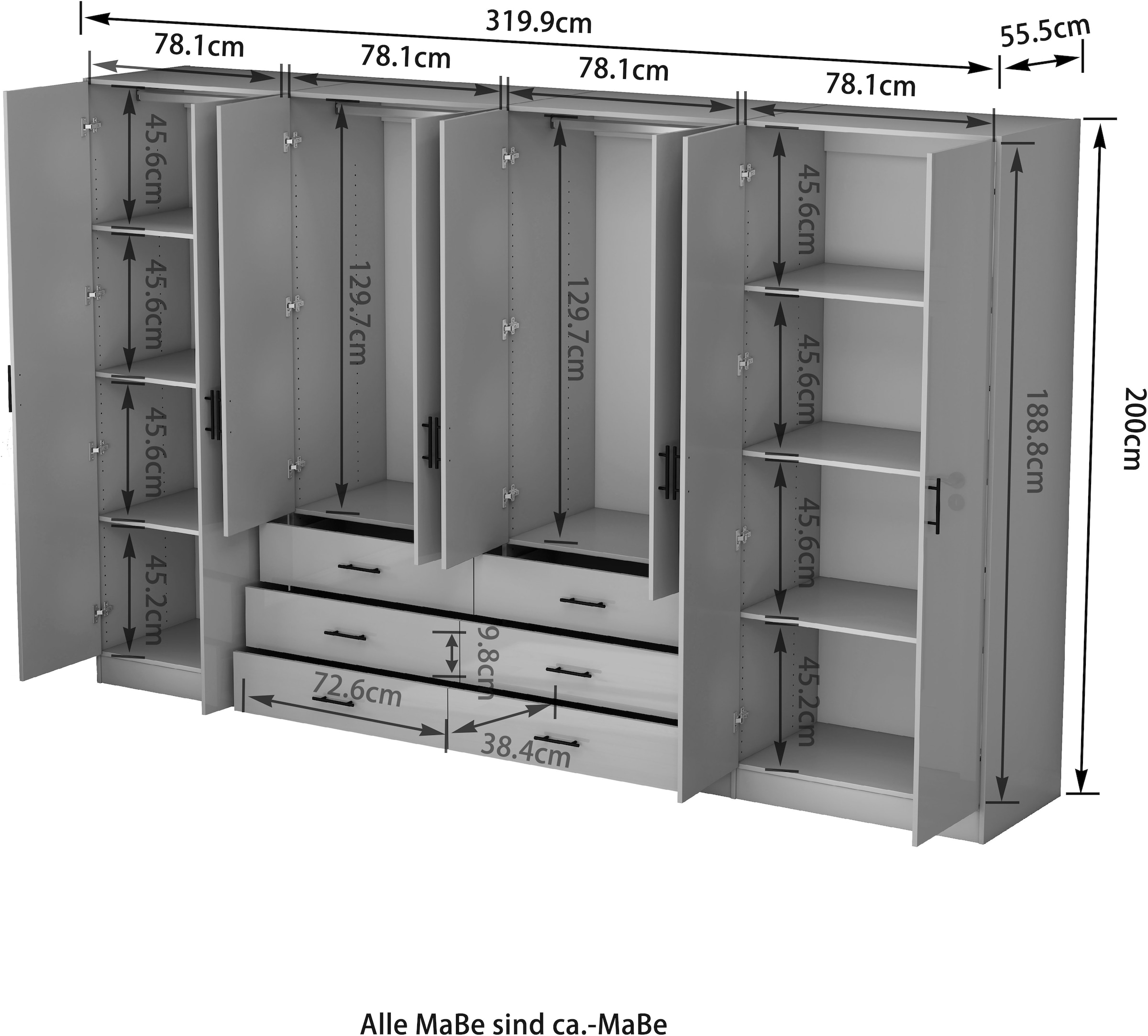 OTTO home Kleiderschrank »Trento Schlafzimmerschrank Garderobe hochglanz« Schrank mit 8 Türen und 6 Schubladen, hochglänzende Fronten