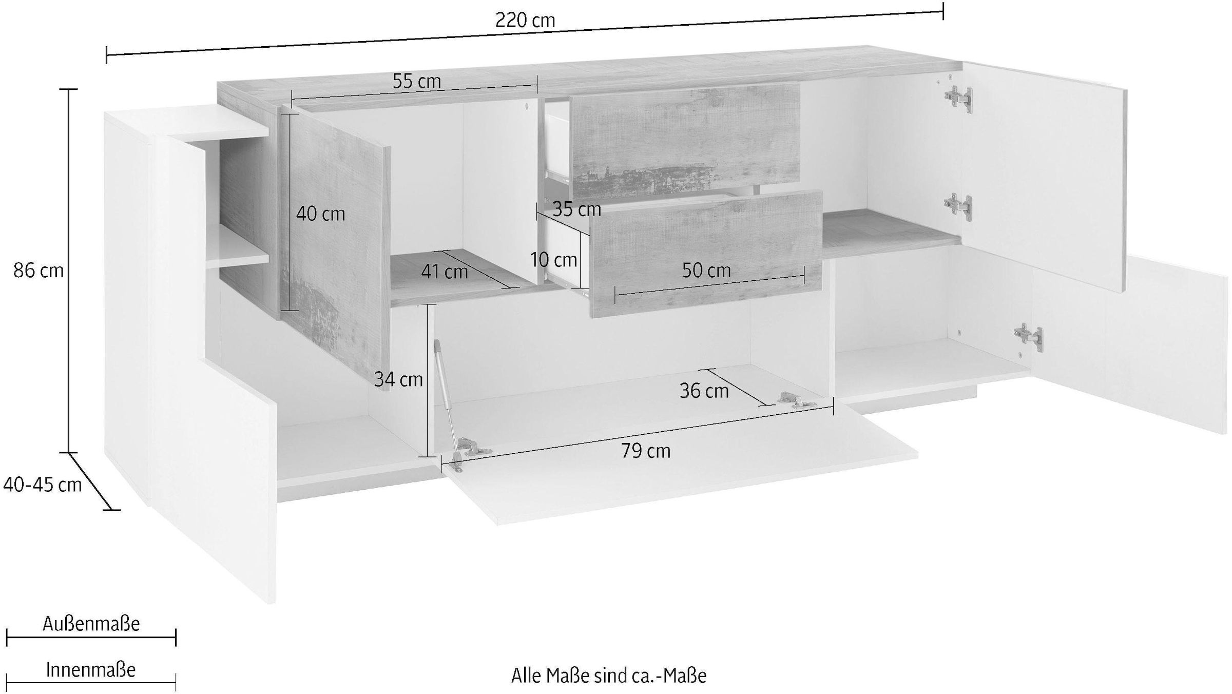 INOSIGN Sideboard »Coro, Kommode, Schrank, Kredenz, grifflos mit Einlegeböden«, 1 Klappe,4 Türen,2 Schubkästen Doppeltiefe, Breite 220