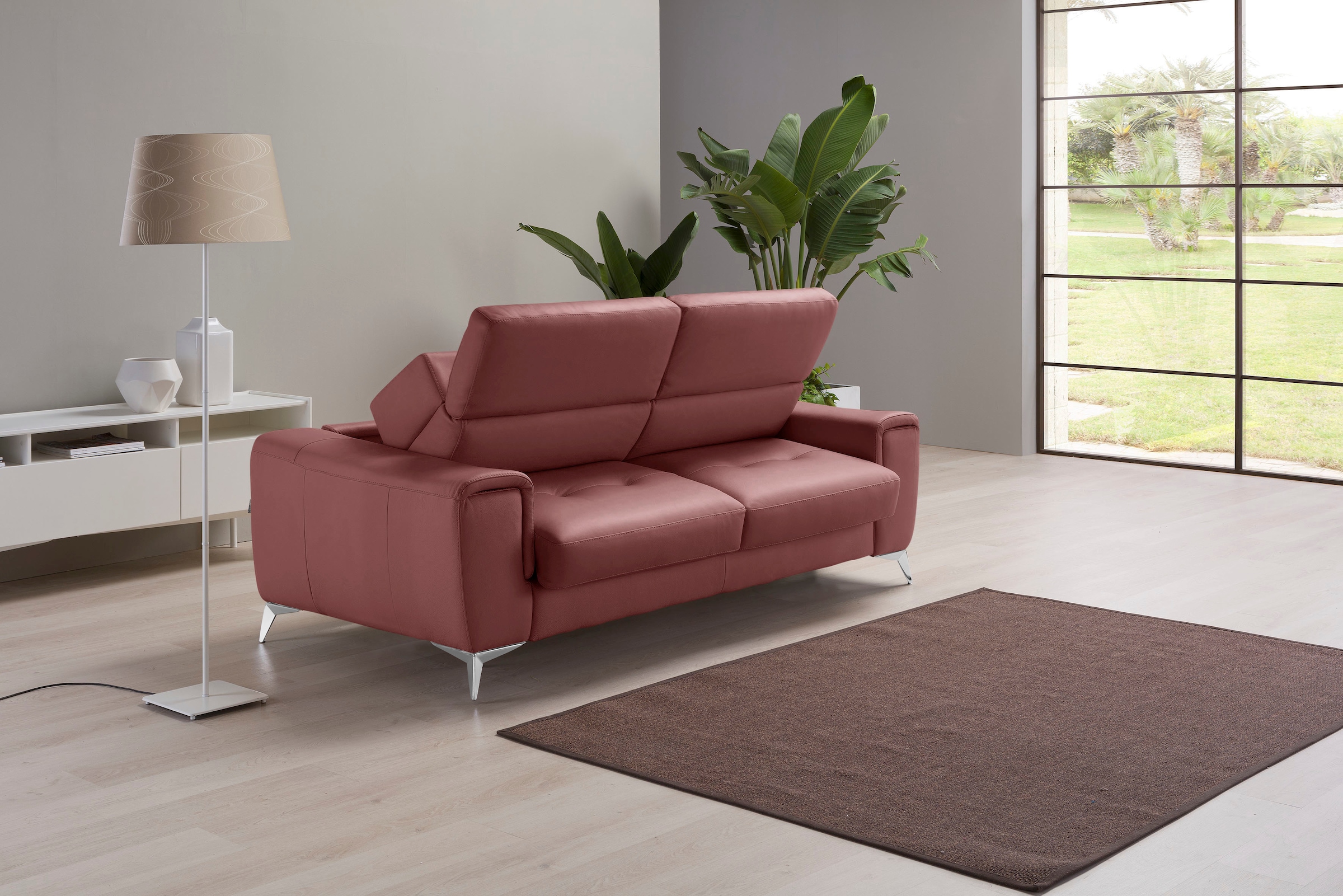 Egoitaliano Schlafsofa »Francine Designsofa, Loungesofa mit Dauerschlaffunktion, Breite 233 cm«, mit Bettfunktion, Leder BULL, rosebraun, Fußfarbe chrom