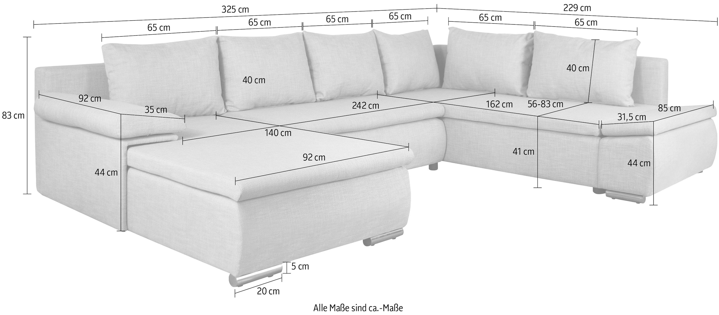 Home affaire Wohnlandschaft »Acra U-Form«, mit Bettfunktion und Bettkasten, in Mattenoptik