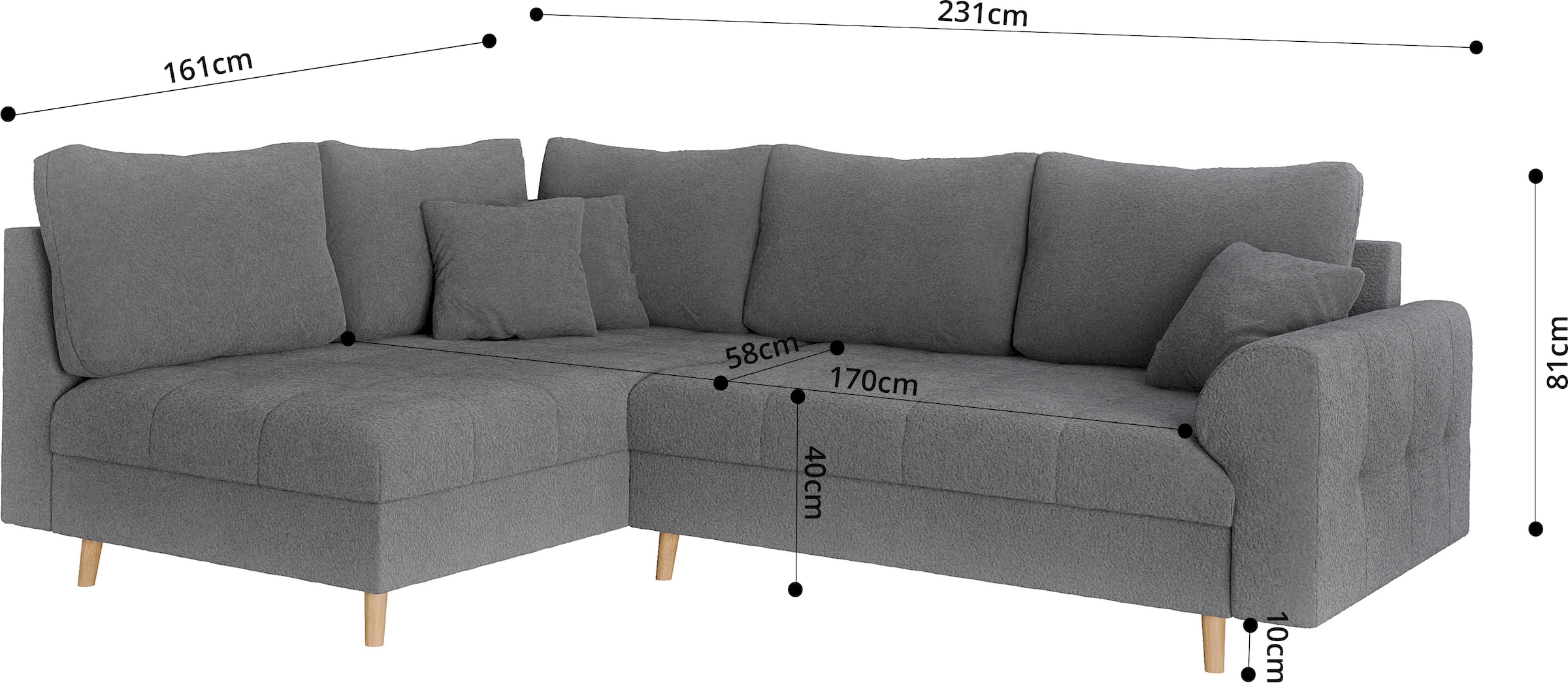Home affaire Ecksofa »CHARRE L-Form mit Ottomane, Maße B/T/H: 231/161/81 cm«, feine Steppung, lose Rücken- und Zierkissen, auch in Cord und Bouclé