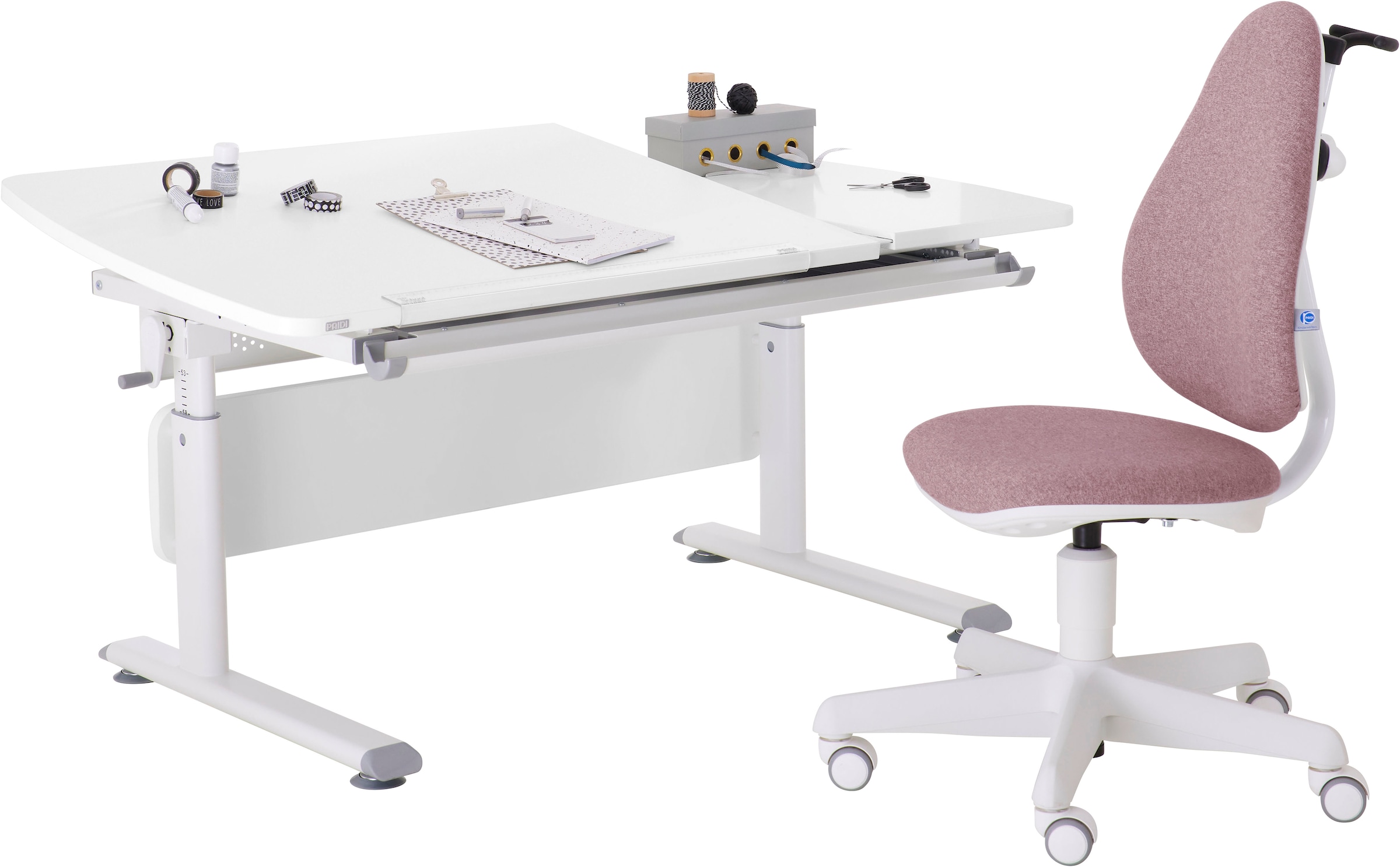 PAIDI Büromöbel-Set »Kinderschreibtisch & Drehstuhl in Weiß, mitwachsend & ergonomisch« Spar-Set, 130x70 cm Schülerschreibtisch, Kinderstuhl in Blau/Rosa,  stufenlos höhenverstellbar, neigbare Tischplatte, Schulstarter-Set