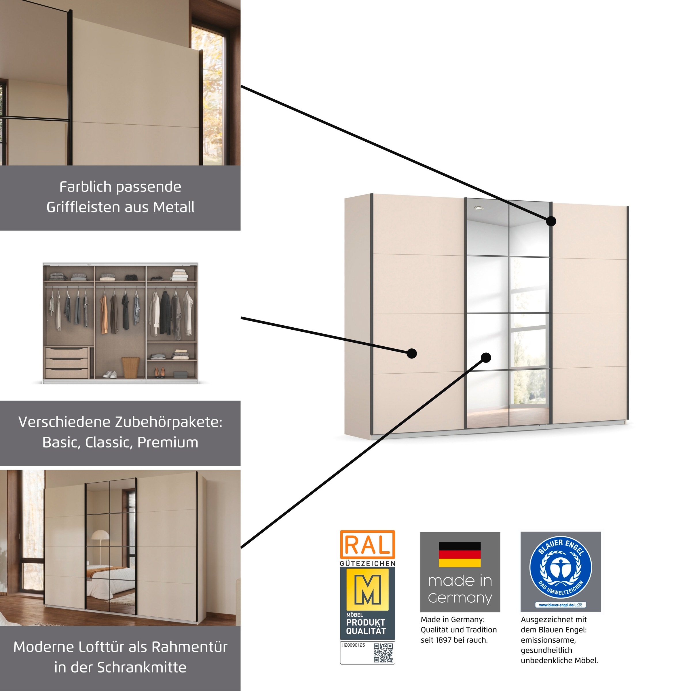 OTTO home Kleiderschrank »Schwebetürenschrank Schrank Garderobe Wäscheschrank BAVENO« in 3 Ausstattungen BASIC/CLASSIC/PREMIUM (mit Soft-Close-Funktion),  in moderner Loft-Optik mit Griffleisten aus Metall MADE IN GERMANY