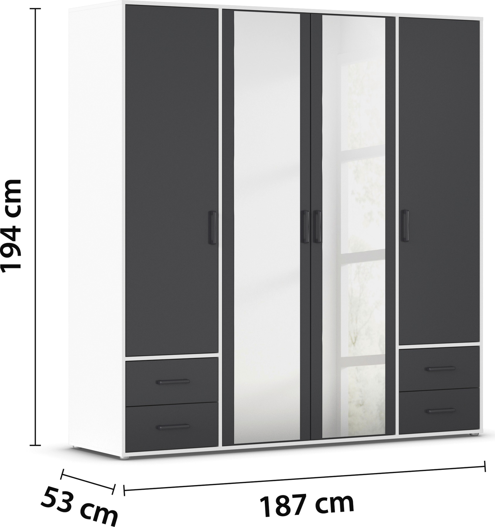 rauch Drehtürenschrank »Kleiderschrank Schrank Garderobe Wäscheschrank VOYAGER«, (in 3 verschiedenen Ausstattungen BASIC/CLASSIC/PREMIUM), mit modernen Griffen in Graumetallic, inkl. Schubkästen und Spiegel