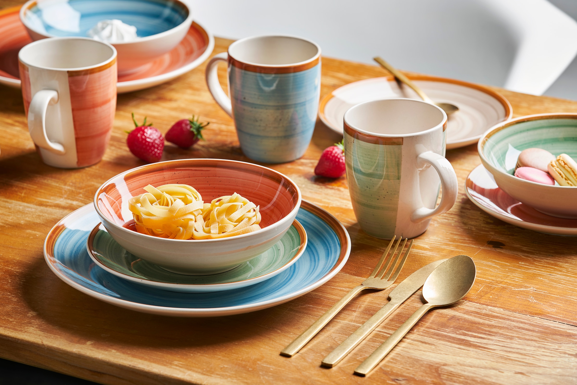 van Well Kombiservice »Geschirr-Set Magnifica, 16-teilig«, (Set, 16 tlg.), rund, orange/grün/blau/taupe, spülmaschinen- und mikrowellengeeignet