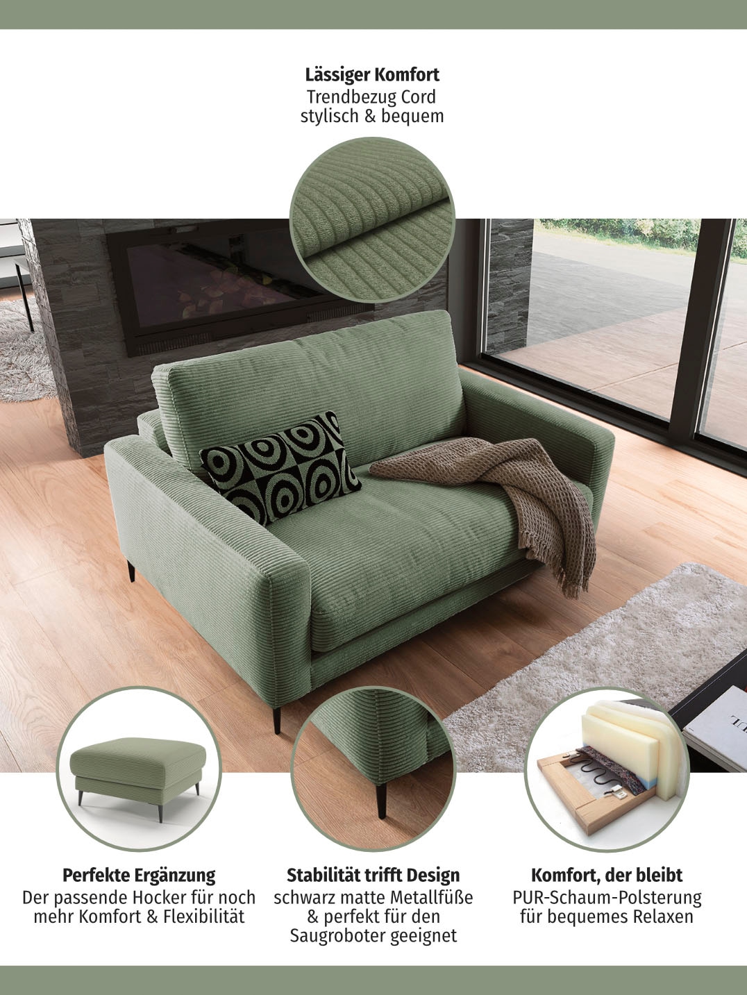 INOSIGN 1,5-Sitzer »Downtown  B/T/H:  152/105/84 cm« weicher Sitzkomfort, Cord, gemütliches Loungemöbel zum Relaxen