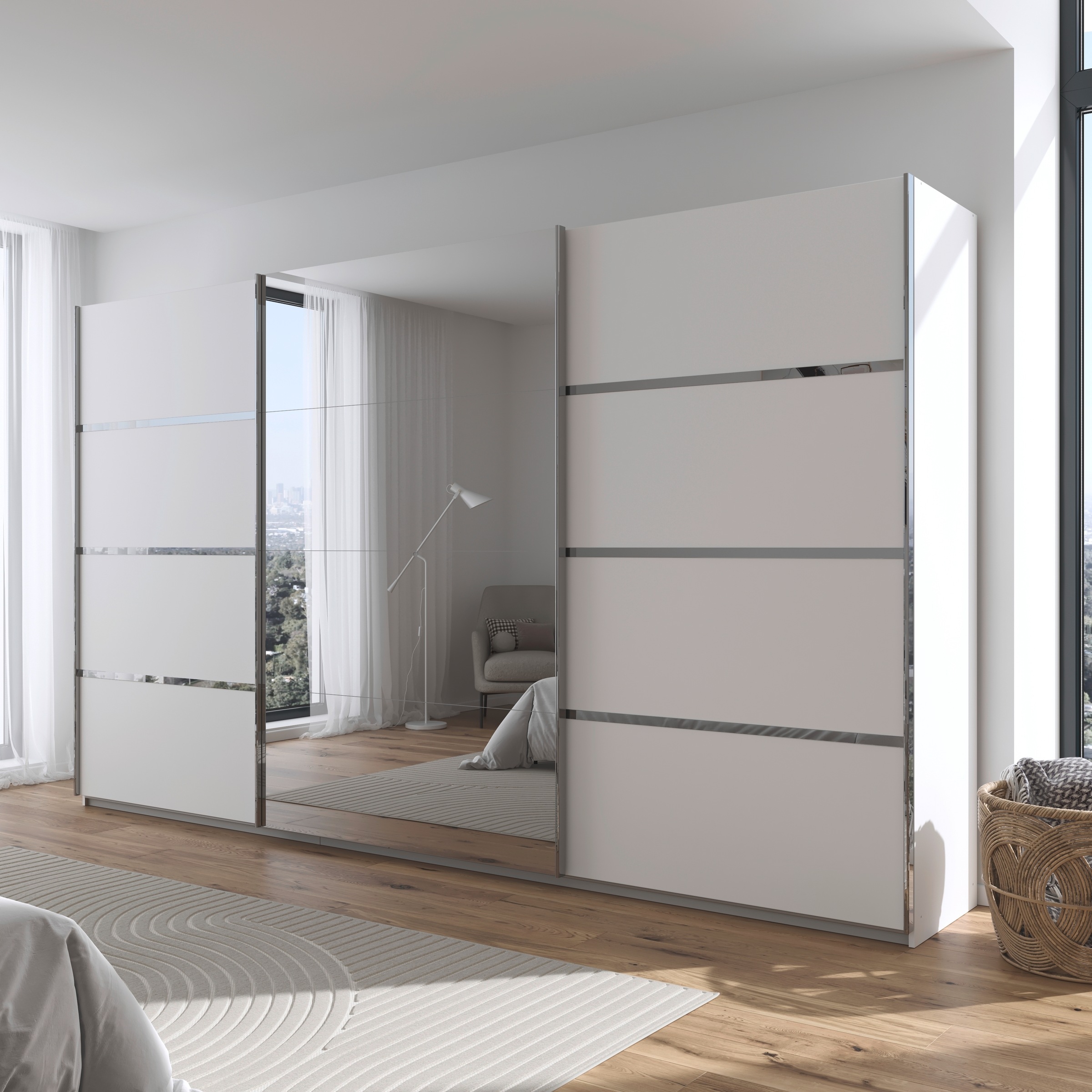 rauch Kleiderschrank »Schwebetürenschrank OTTO´s Choice Garderobe Schrank TOP ANGEBOT Avola«, (in 3 verschiedenen Ausstattungen BASIC/CLASSIC/PREMIUM inkl. Spiegel), mit eleganten Zierleisten in Chrom, Schwarz oder Weiß MADE IN GERMANY