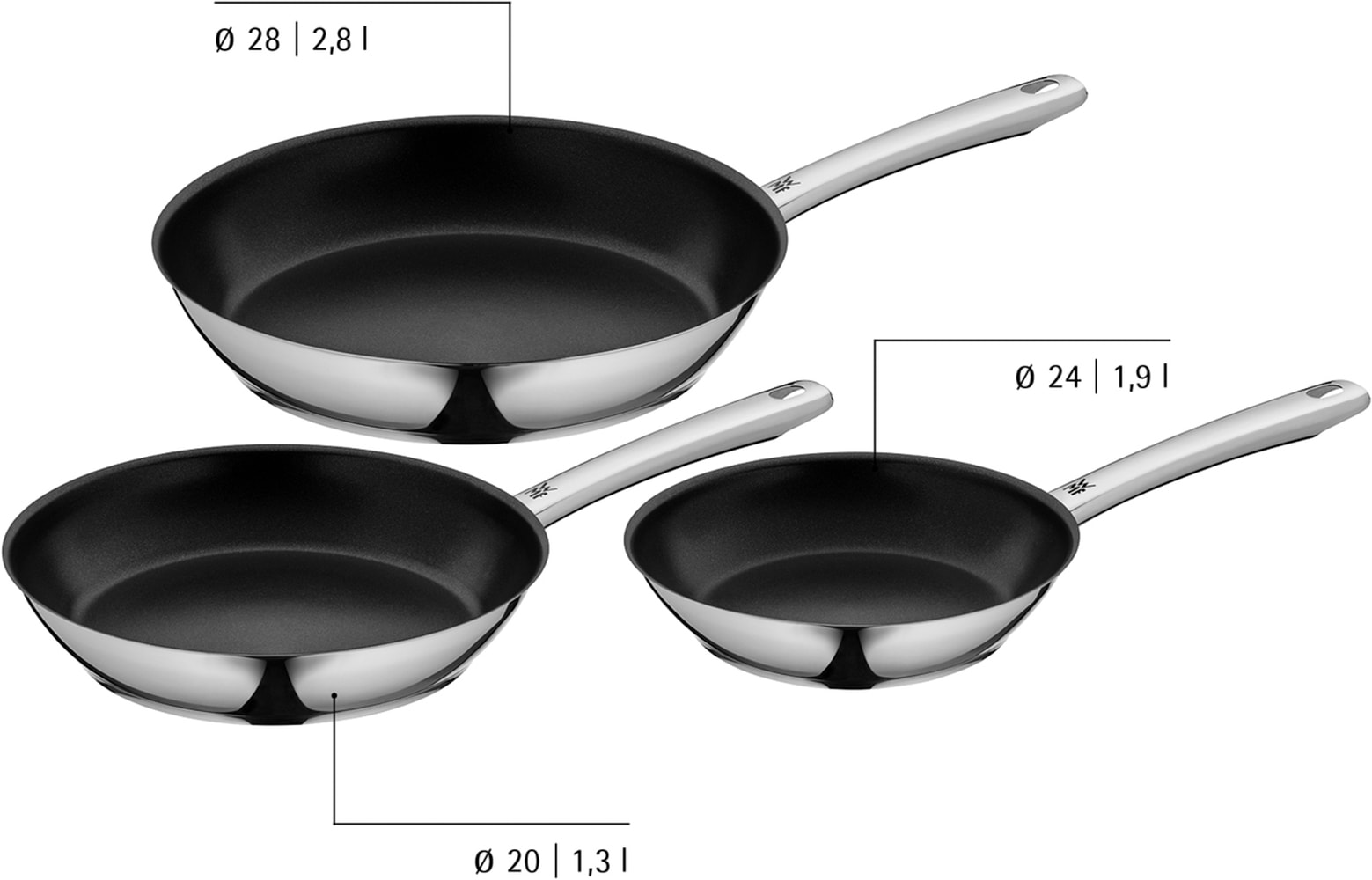 WMF Pfannen-Set »Inspiration, Pfannenset Induktion, herausragende Antihaftversiegelung« Cromargan® Edelstahl Rostfrei 18/10 Set, 3x Bratpfannen Ø 20/24/28 cm, 3 Stk. tlg. TransTherm-Allherdboden spart Energie, geeignet für alle Herdarten