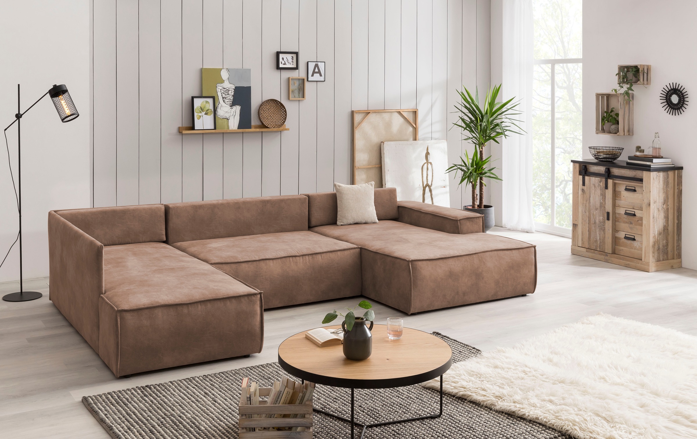 Home affaire Wohnlandschaft »SHERWOOD 329 cm, U-Form, Schlafsofa,«, Schlaffunktion m. Bettkasten (194x139 cm), Cord, Vintage, Samtvelours