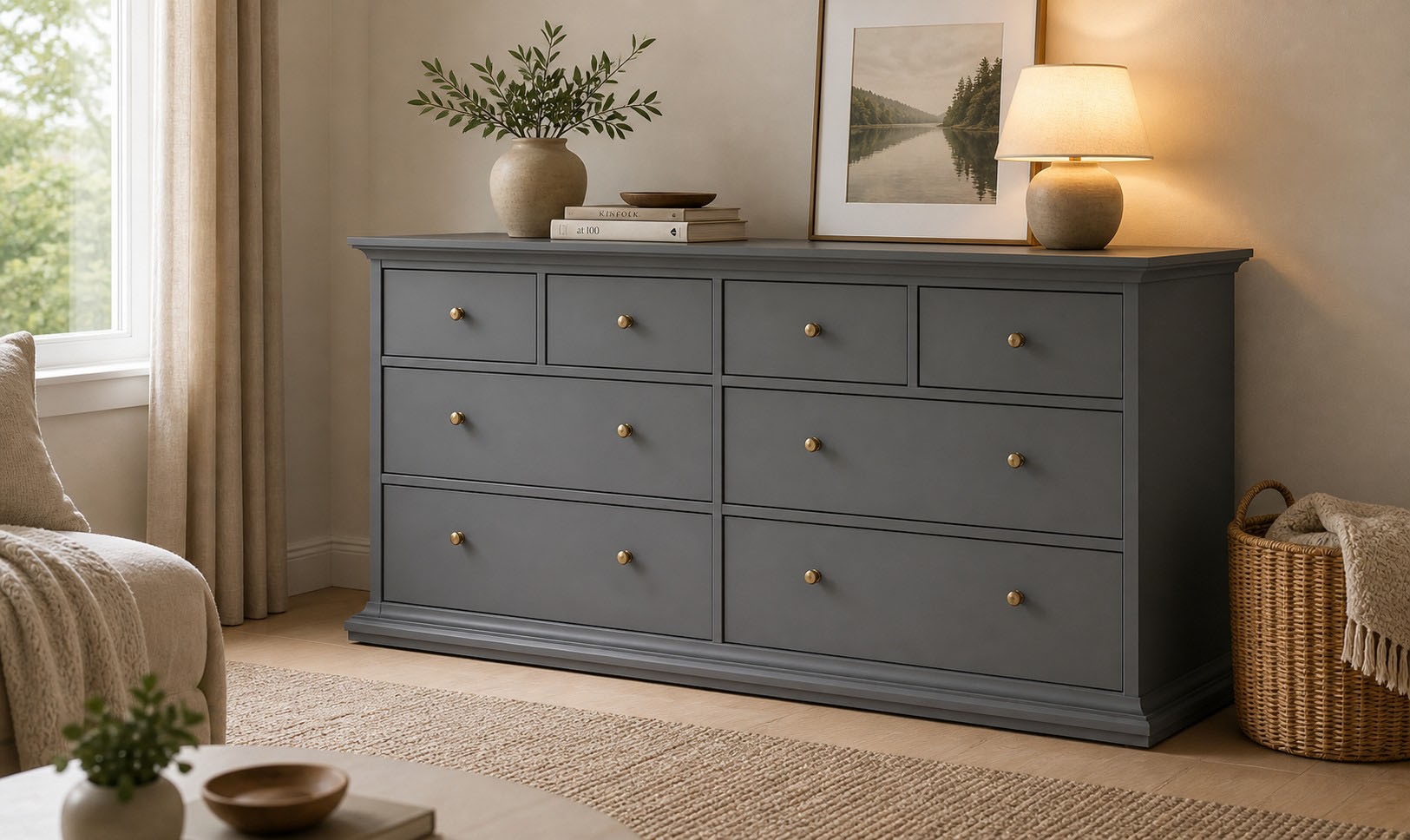 Home affaire Kommode »Paris, Aufbewahrung, Schubladenschrank, Stauraum, mit 8 Schubladen« Landhausstil, Elegant, geräumig, Breite 184 cm, Höhe 87 cm