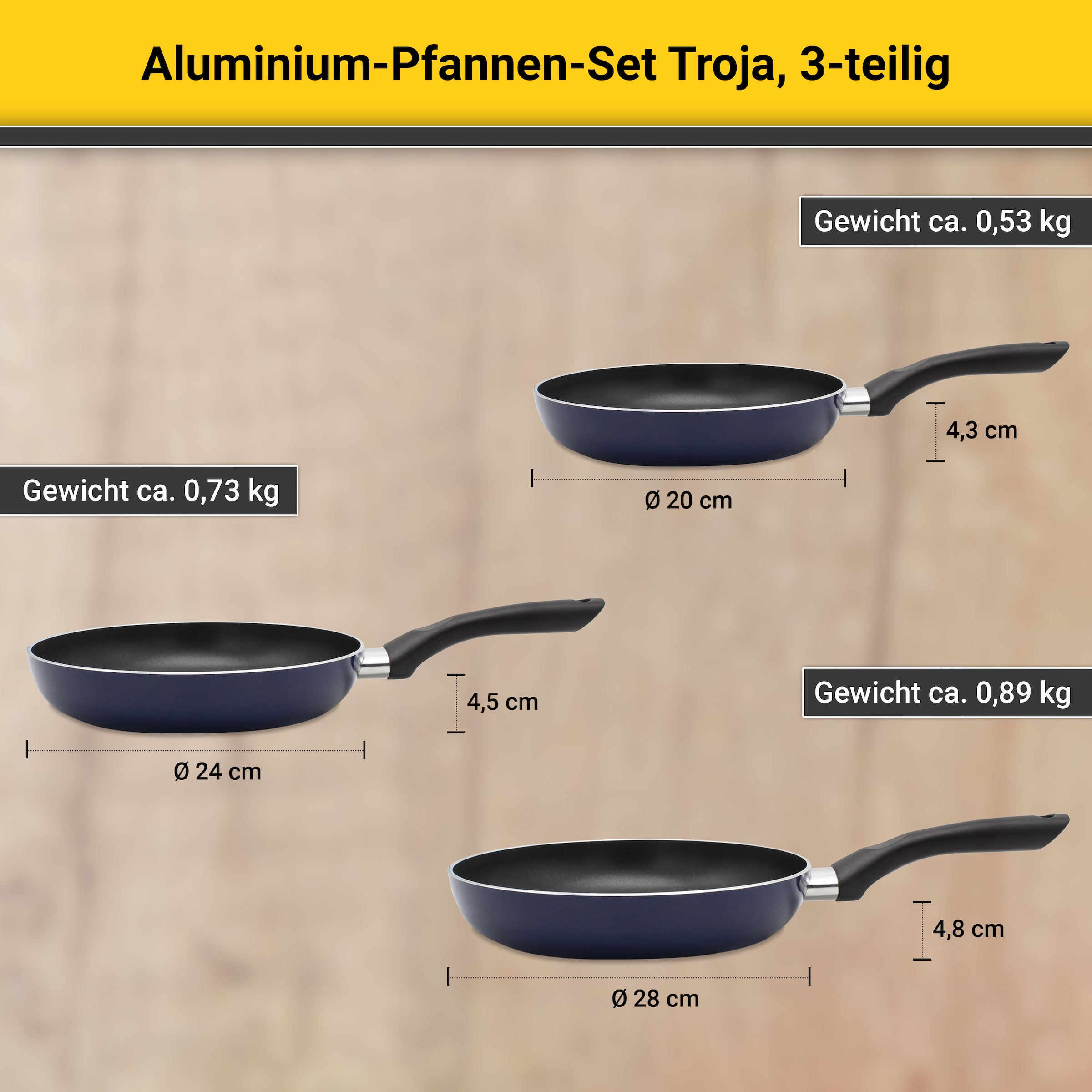 Krüger Pfannen-Set »Troja« Aluminium Set, 3 Stk. tlg. Ø 20/24/28 cm, Induktion