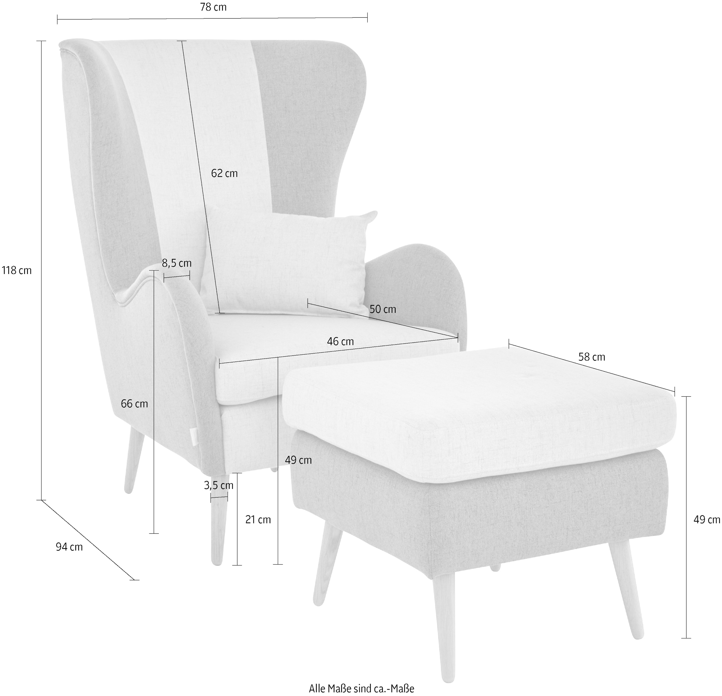 Guido Maria Kretschmer Home&Living Sessel »Salla Bezug Bouclé oder Struktur fein, Ohrensessel«, wahlweise mit oder ohne Hocker; großer Sessel: Maße B/T/H: 78/94/118cm