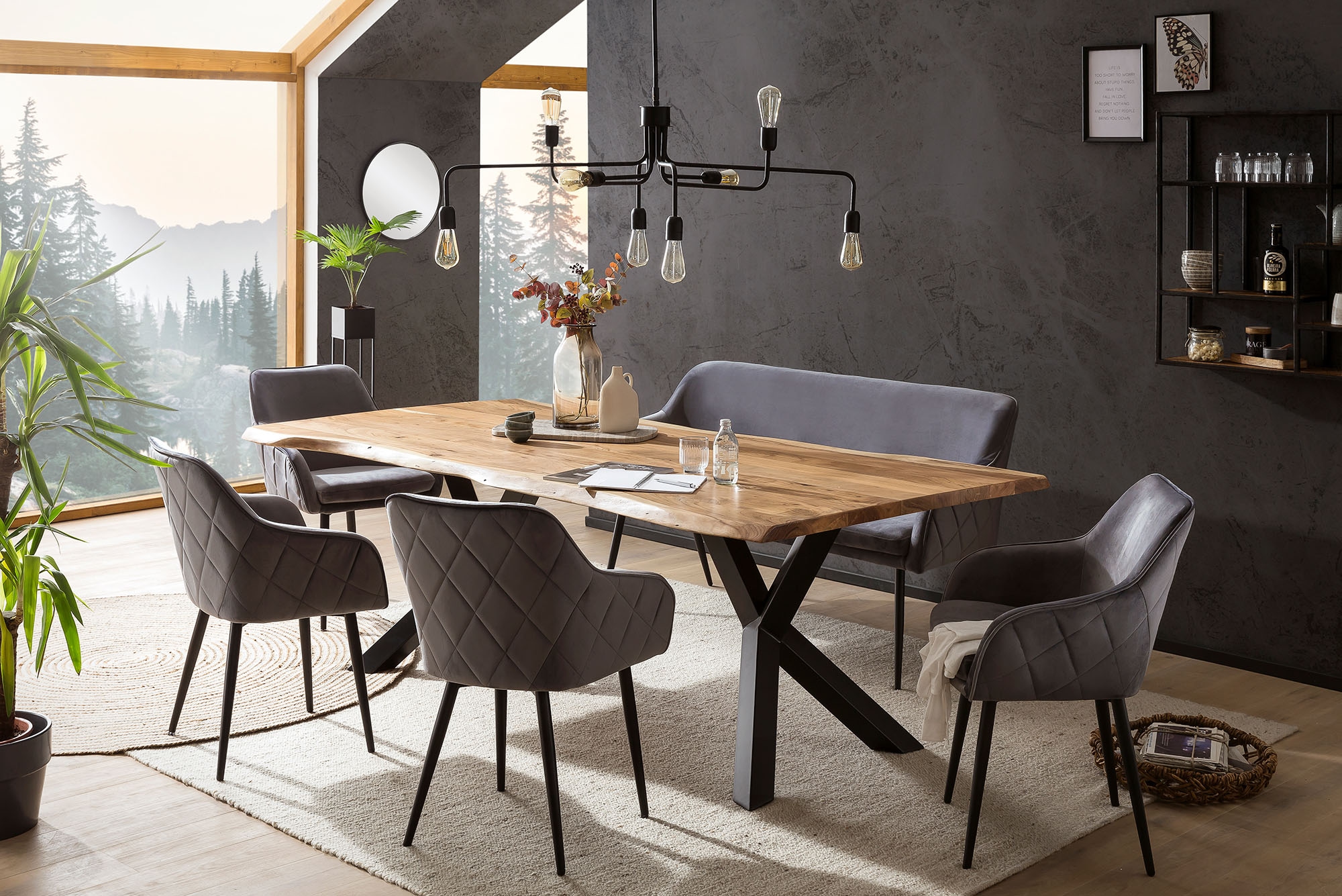 SalesFever Eckbankgruppe »Eckbankgruppe in Landhausstil« Set, 6 Stk. tlg. Rückenfläche mit aufwändiger Rautensteppung grau Massivholz, Metall, 