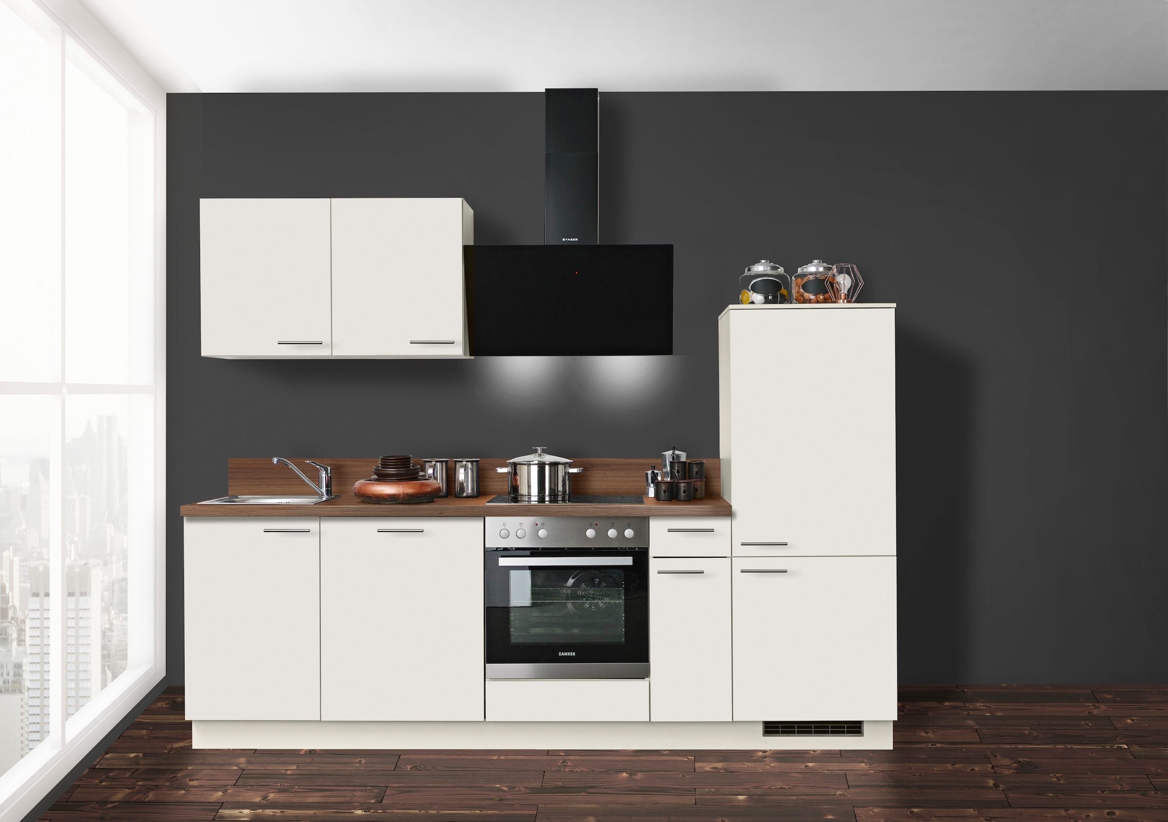 Kochstation Küchenzeile »Scafa, vormontiert, mit höhenverstellbaren Füßen«, vormontiert, wahlweise mit E-Geräten, mit Soft-Close, Breite 260 cm