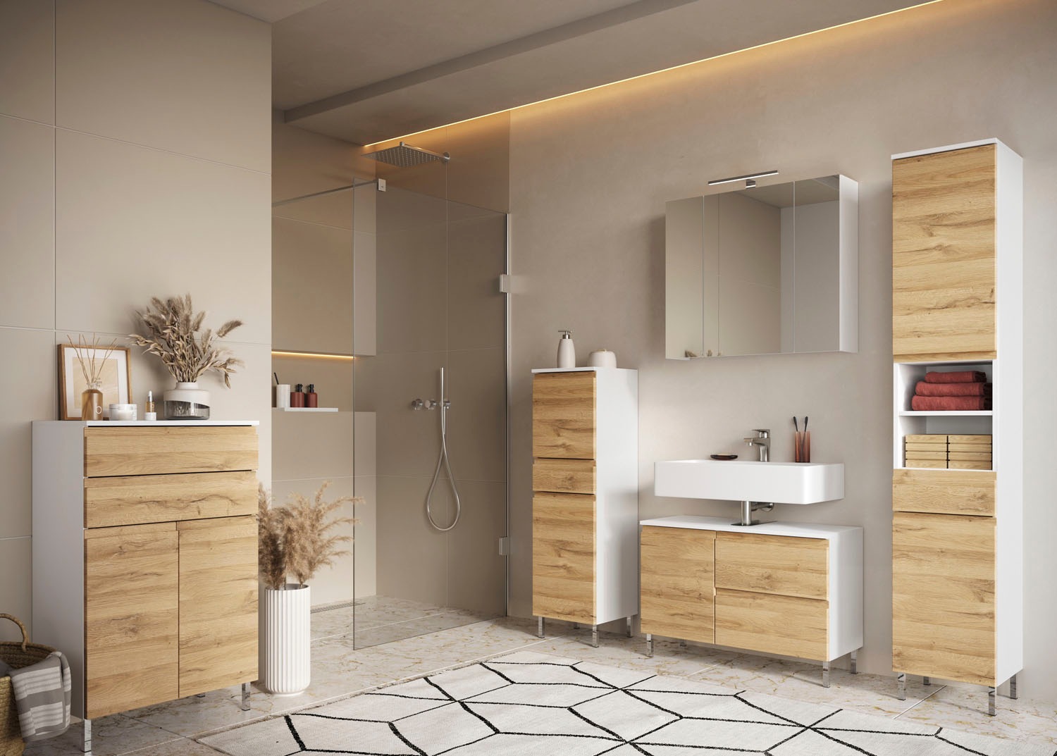 GERMANIA Badmöbel-Set »Torrance«, (5 St.), Unterschrank, Spiegelschrank mit Beleuchtung, Kommode, Hochschrank