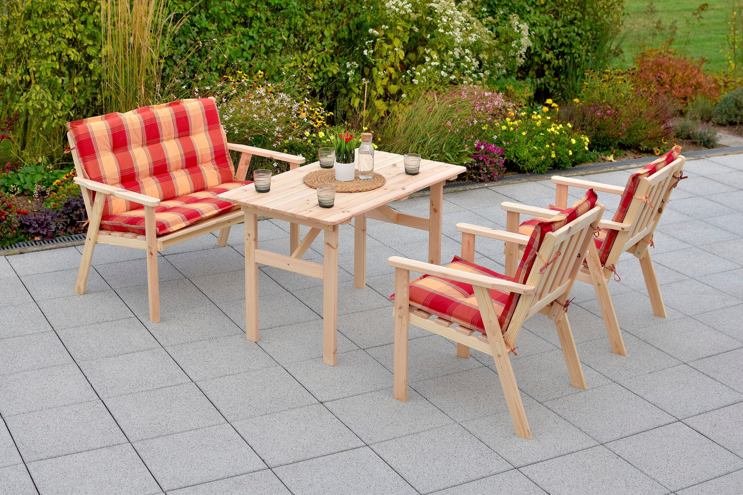 MERXX Garten-Essgruppe »Sylt«, (7 tlg., 2x Sessel, 1x Bank, 1x Tisch, inkl. Auflagen), Kiefernholz