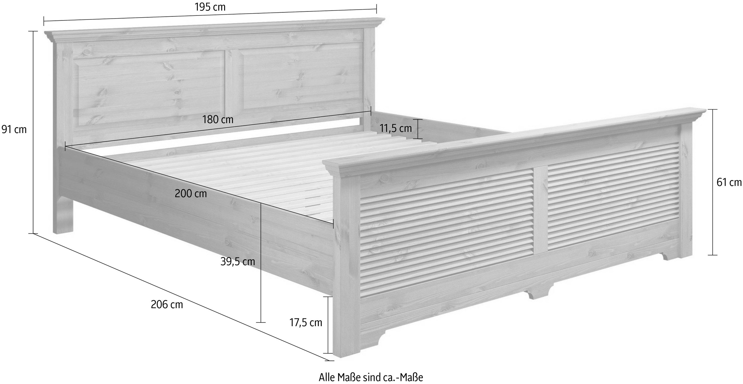 Home affaire Bett »Rauna, Landhausstil, edles Design mit Lamellen und Kassetten, 2 Farben«, (Breite/Belastbarkeit 180cm=220 KG, 90cm=120KG), FSC® zertifiziertes Kieferholz, massive Qualität mit Lattenrost