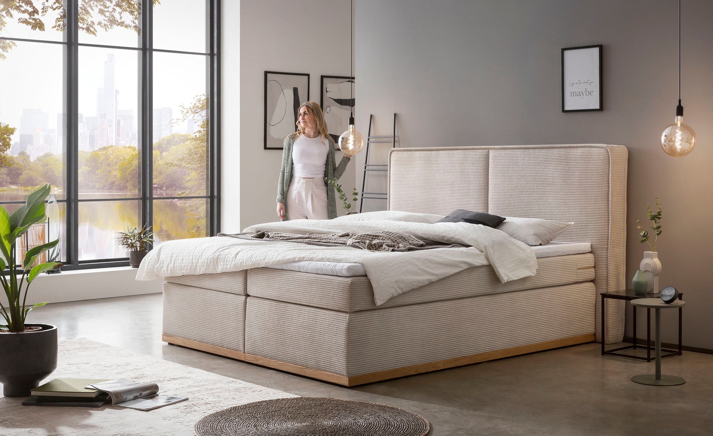 Home affaire Boxspringbett »SHERWOOD Hotelbett, Polsterbett«, Hochwertiger Cord,weiche Velours-Struktur, mit Topper, Eiche