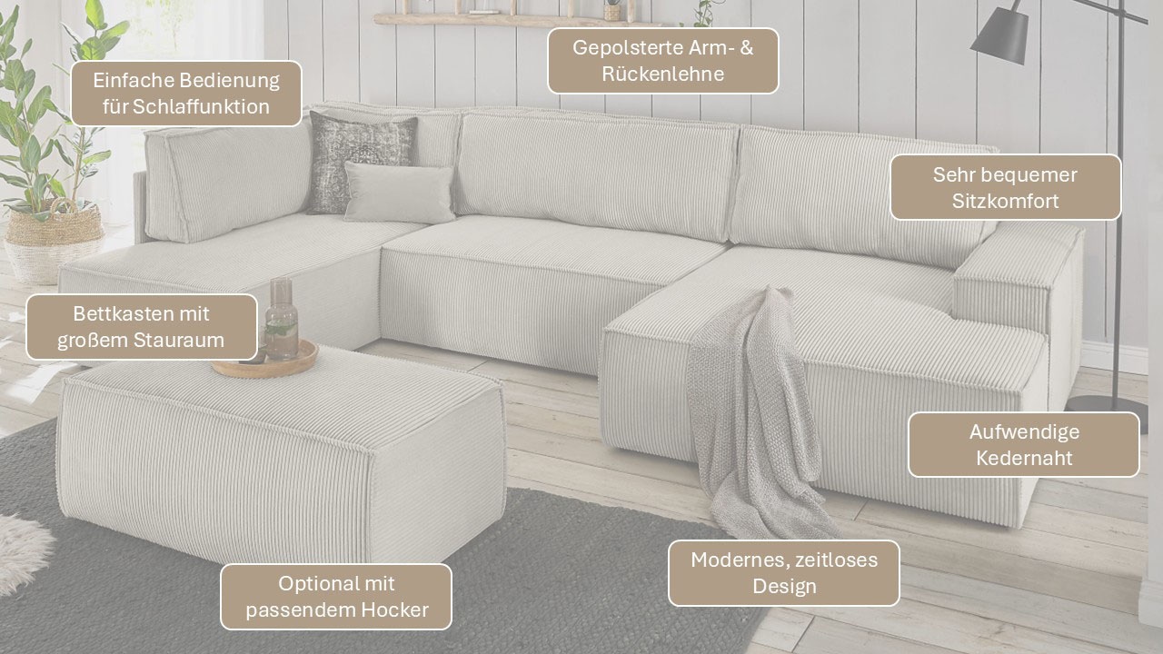 Home affaire Wohnlandschaft »SHERWOOD U-Form, 329 cm - OTTO. Verlässliche Qualität.« Schlaffunktion m. Bettkasten (194x139 cm), Cord, Vintage, Samtvelours