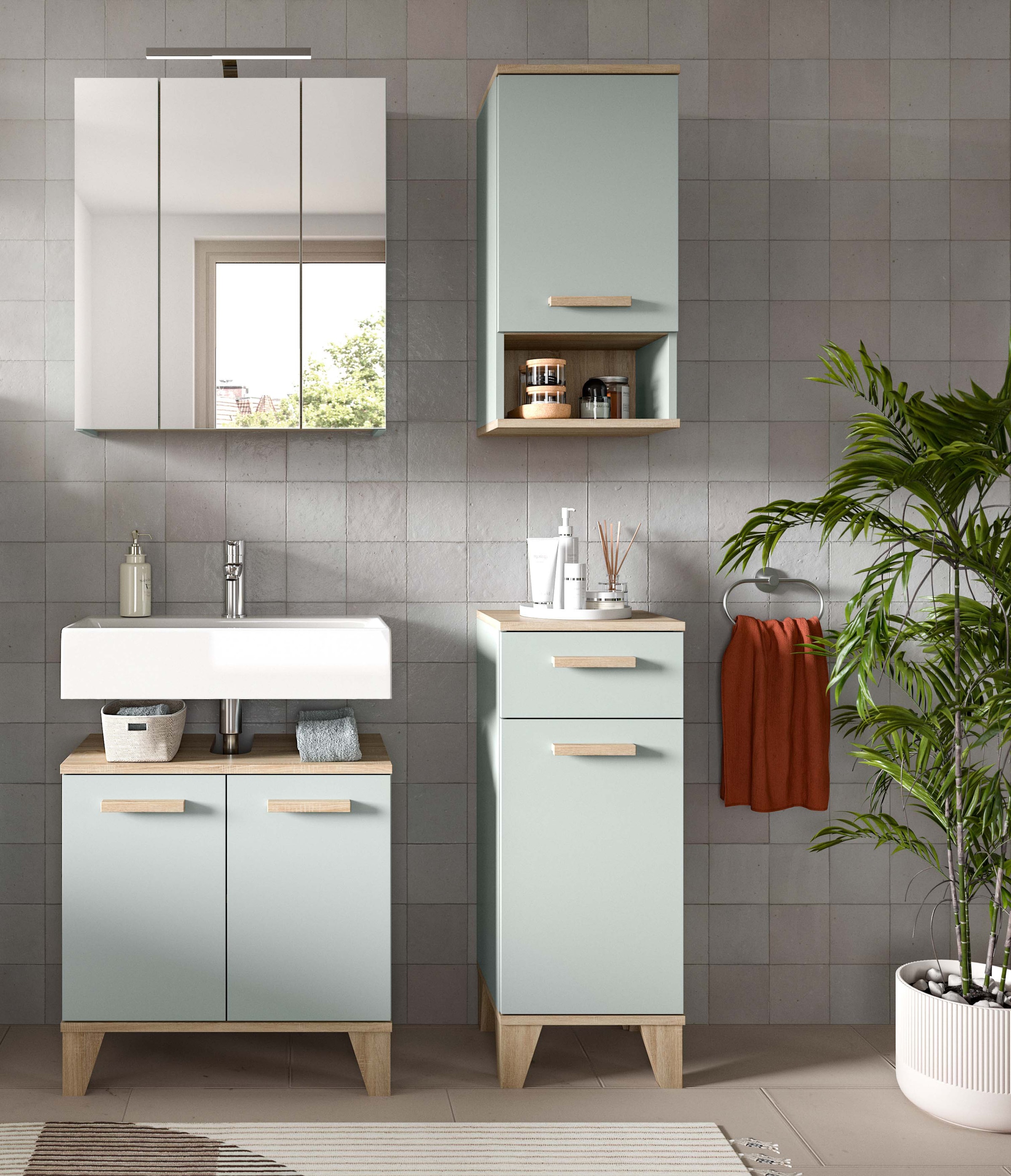 welltime Badmöbel-Set »MINTTU, 4-teilige moderne Badkombi im SCANDI-Look, inkl. Beleuchtung« bestehend aus: Midischrank, WBU, Spiegelschrank, Hängeschrank, 4 Stk. tlg.