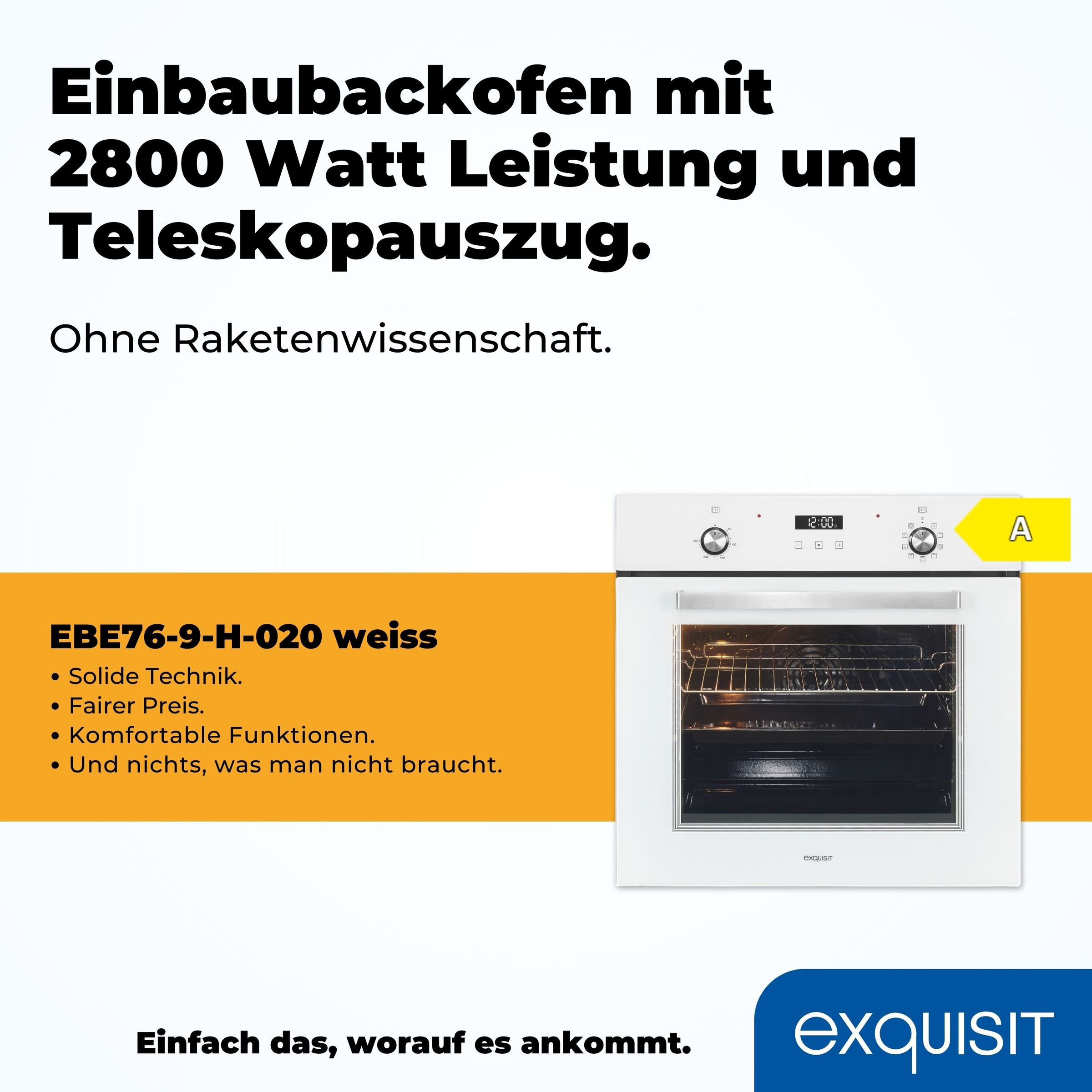 exquisit Backofen  »EBE76-9-H-020 weiss«, mit 1-fach-Teleskopauszug, Heißluft&Pizzastufe - ideal für ein Pizzabacken zuhause!Timer-Funktion