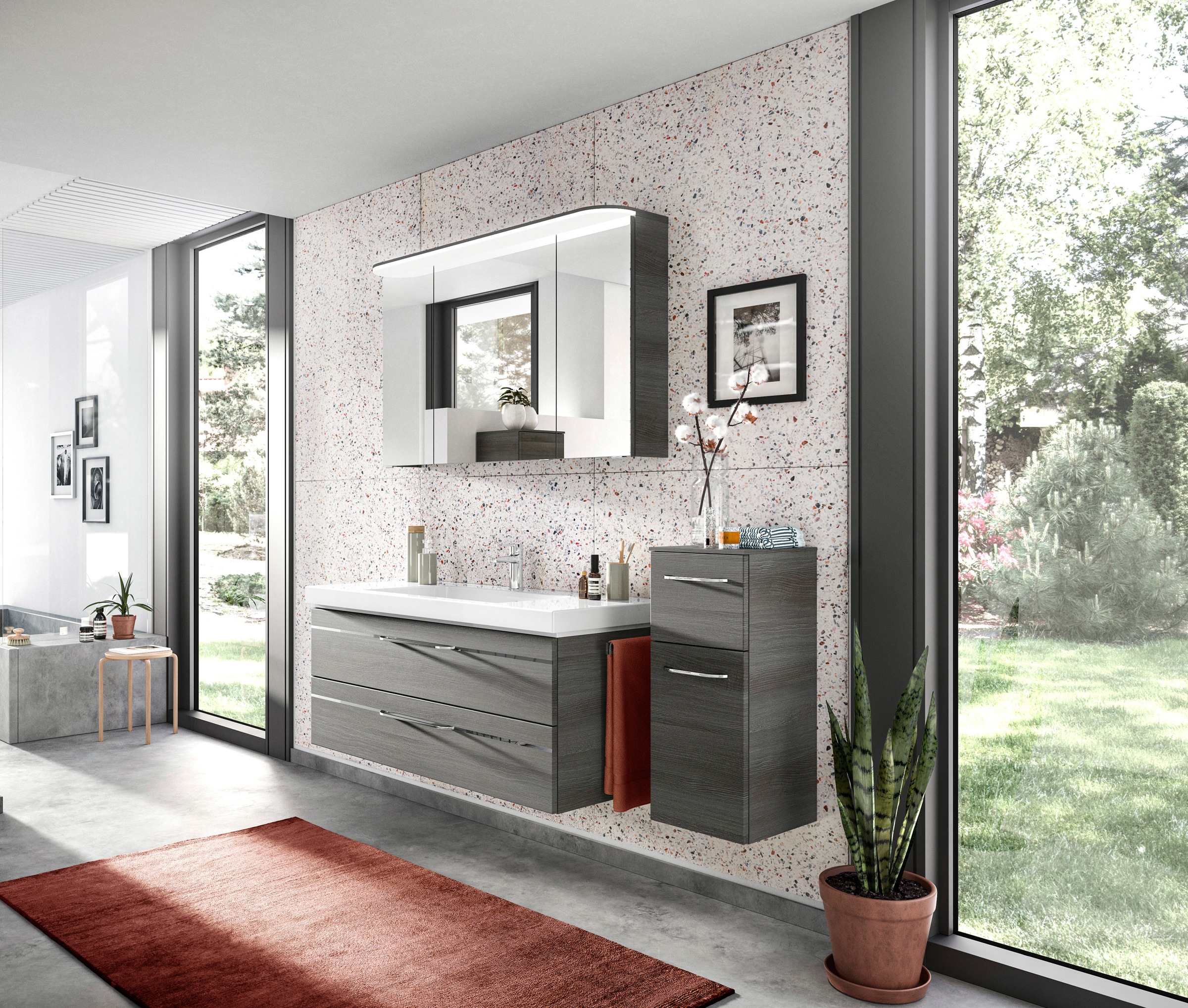 Saphir Badmöbel-Set »Balto Sprint 3-teilig, Mineralmarmor-Waschtisch mit LED-Spiegelschrank«, (4 St.), Badezimmer Set mit Unterschrank inkl Türdämpfer, 3 Türen, 2 Schubladen