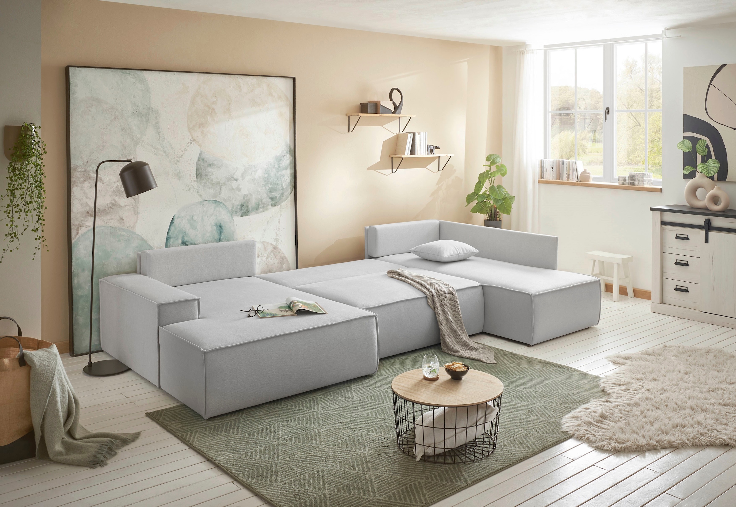 andas Wohnlandschaft »FINNLEY U-Form XXL 329 cm, Schlafsofa, Schlaffunktion m. Bettkasten«, (194/139 cm), Bouclé, Struktur und Cord
