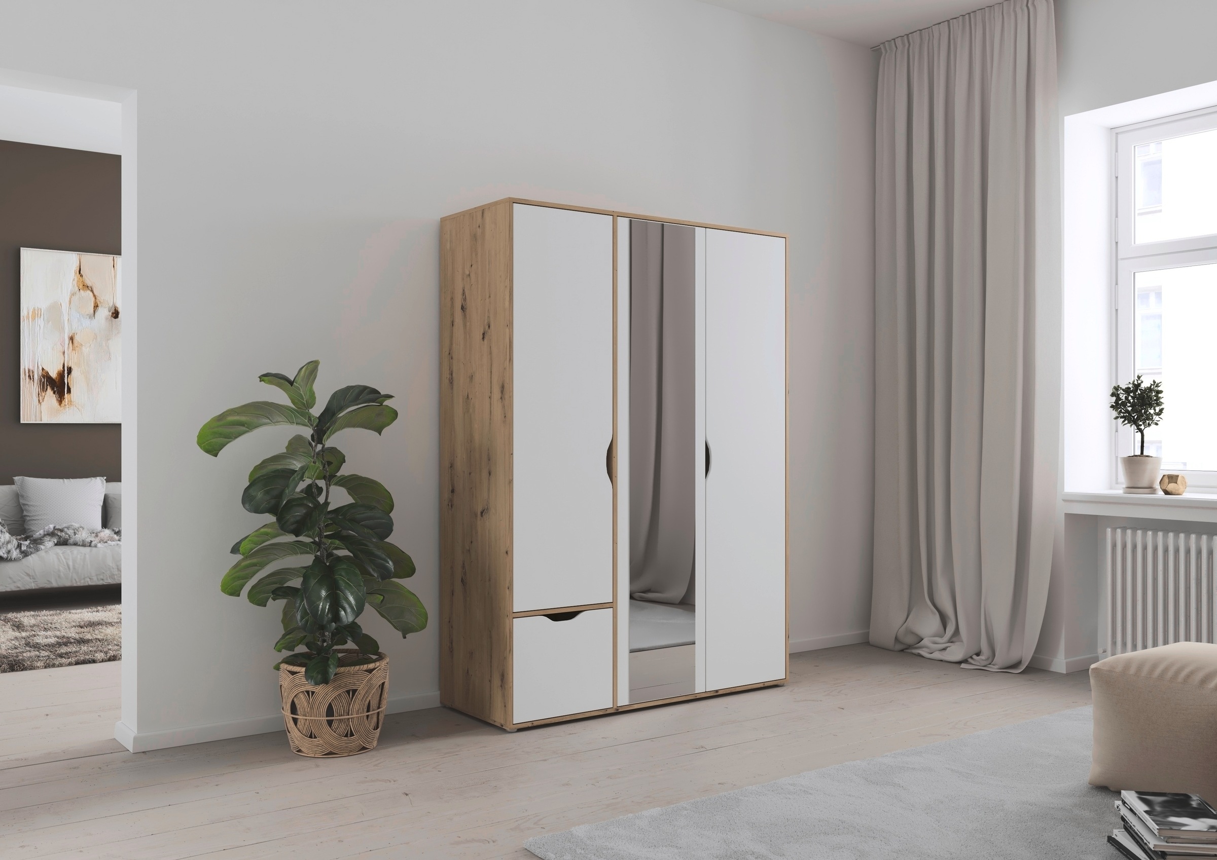 rauch Drehtürenschrank »Kleiderschrank Schrank Garderobe Wäscheschrank NARAI mit Schubladen«, (in 3 verschiedenen Ausstattungen BASIC/CLASSIC/PREMIUM), Griffausfräsungen für eine grifflose Optik TOPSELLER MADE IN GERMANY