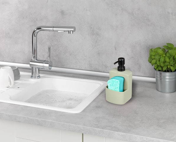 WENKO Spülmittelspender »Modell Festival«, aus Keramik, Soft-Touch Beschichtung, mit Spülschwamm-Fach, 380 ml