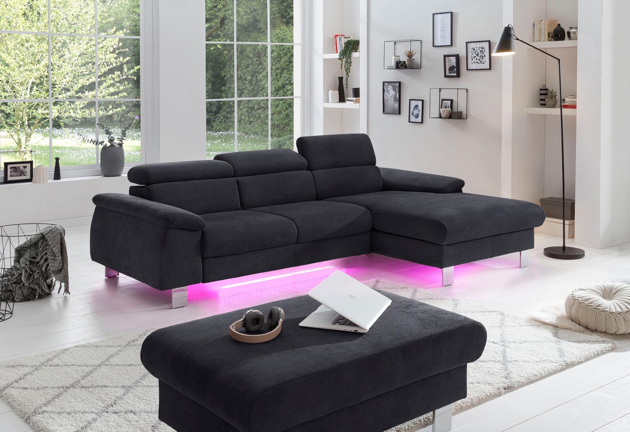 COTTA Ecksofa Komaris, Ecksofa, wahlweise mit RGB-LED-Beleuchtung und Bettfunktion/Bettkasten