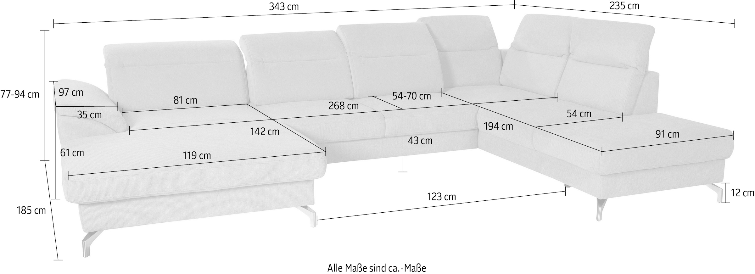 sit&more Wohnlandschaft »Percy U-Form«, 15 cm Fußhöhe, Sitztiefenverstellung, wahlweise in 2 Fußfarben