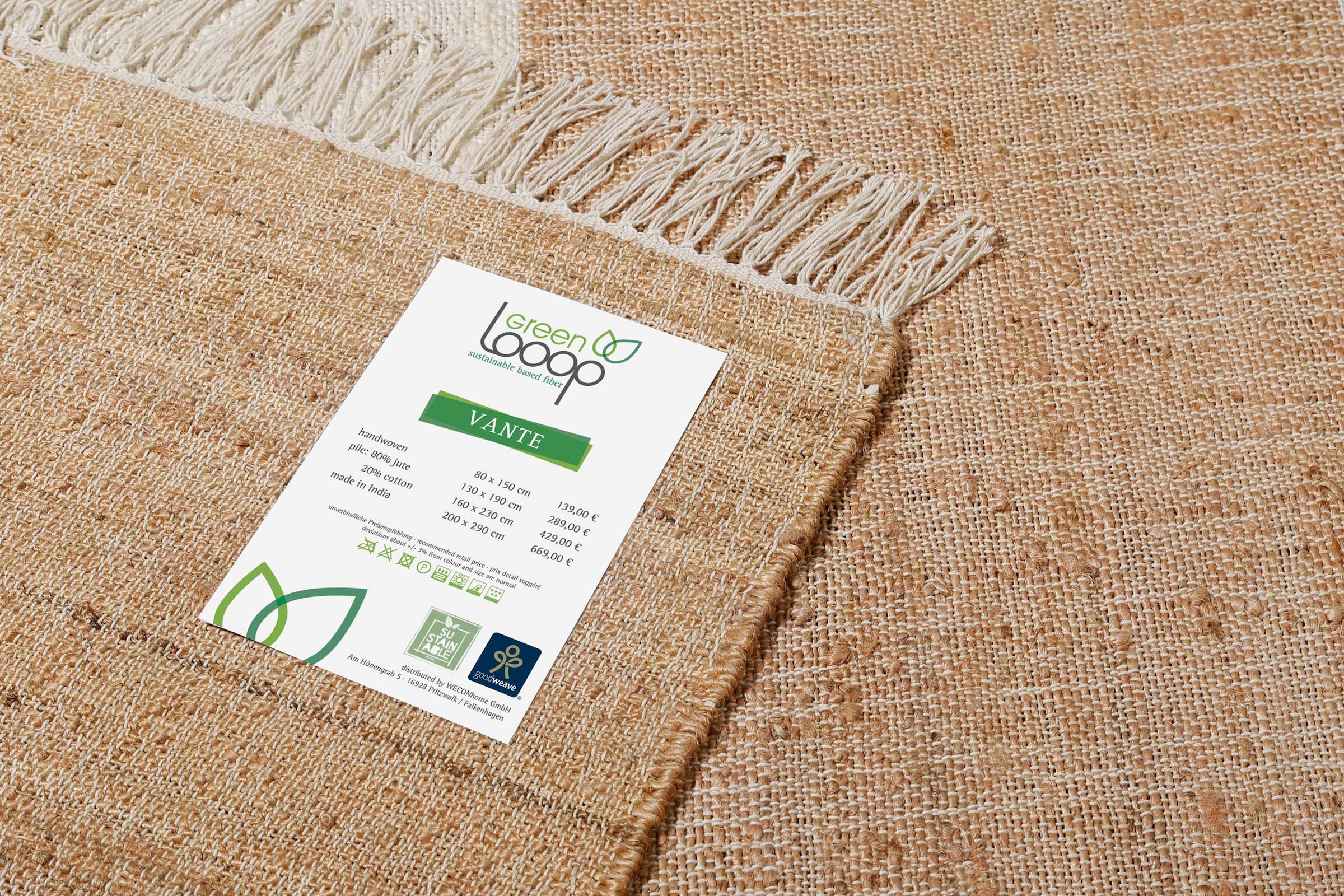 Green Looop Teppich »Vante GL-82308«, rechteckig, 4 mm Höhe, Naturfaser Teppich aus 80% Jute 20% Baumwolle, mit Fransen, Wohnzimmer