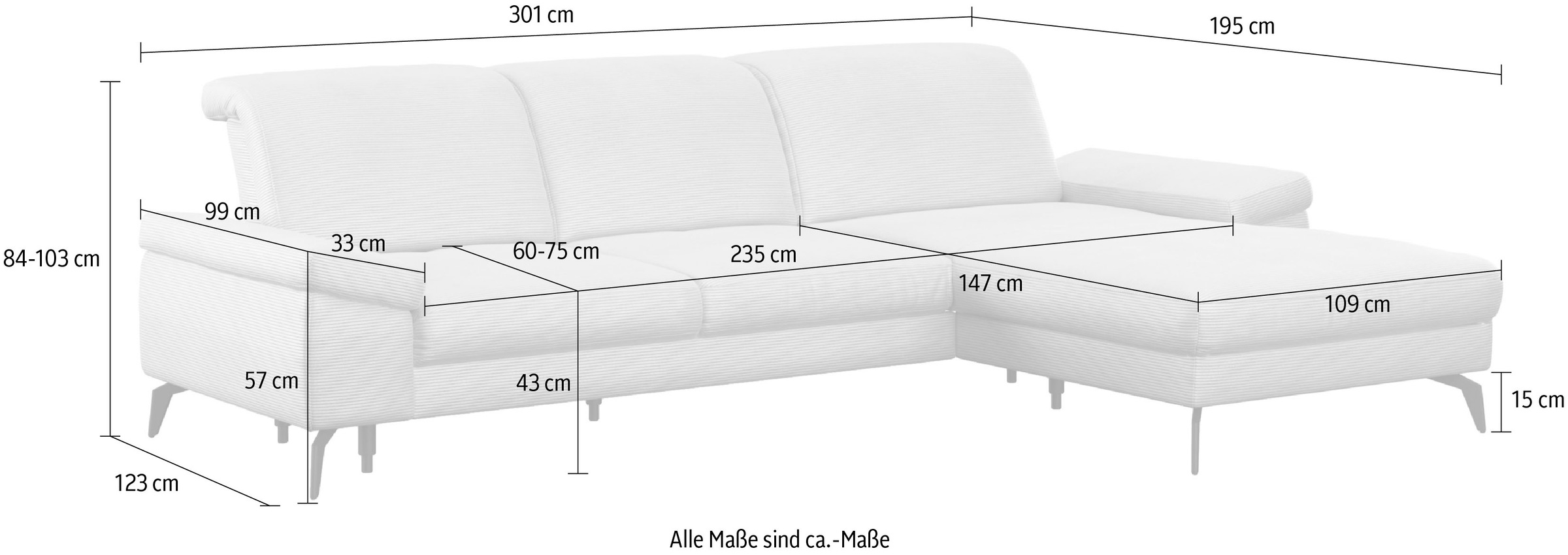 sit&more Ecksofa »Cabana L-Form«, Recamiere, wahlweise mit Sitztiefen-, Armlehnen- und Kopfteilfunktion