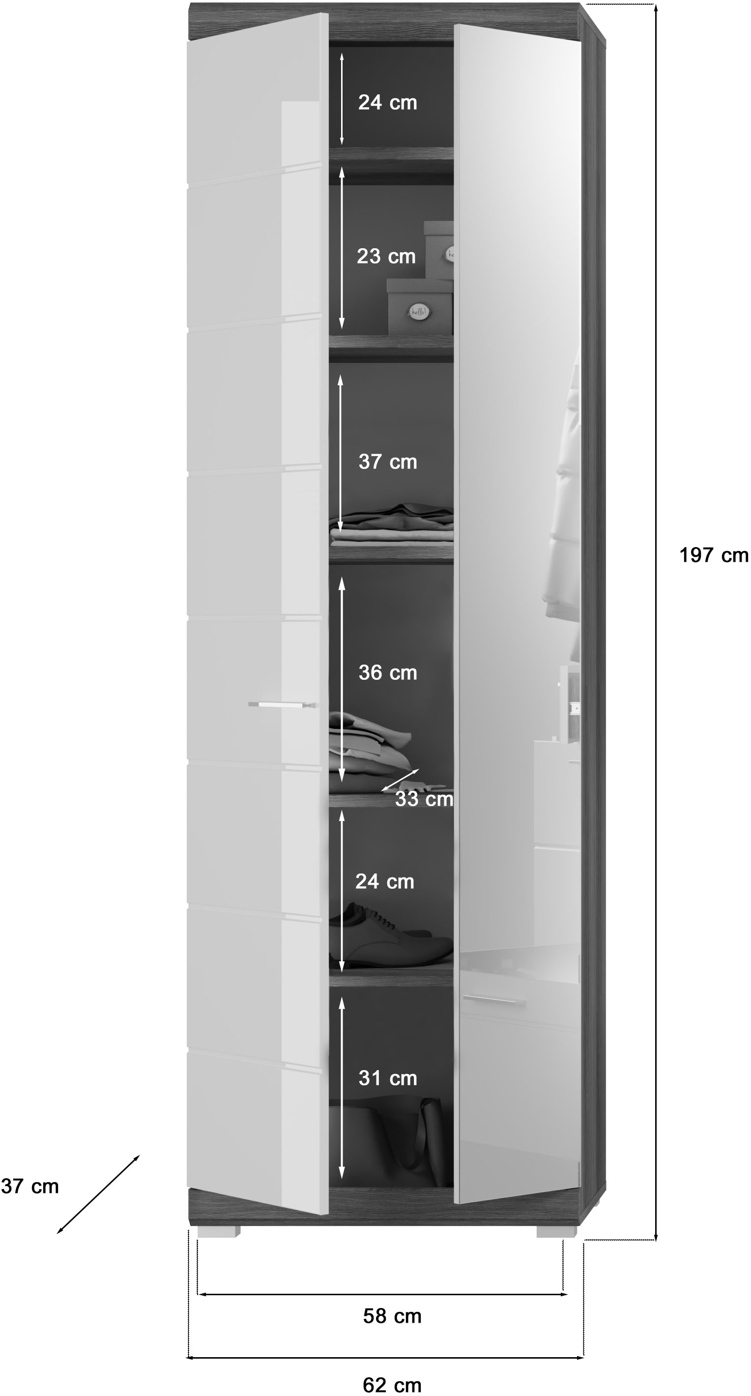 INOSIGN Garderobenschrank »Siena, Höhe 197cm, 2 Türen, 4 Einlegeböden, ausziehbare Kleiderstange«, (1 St.), Scout, Garderobenschrank Höhe 197 cm, 1 Spiegeltür, 6 Fächer