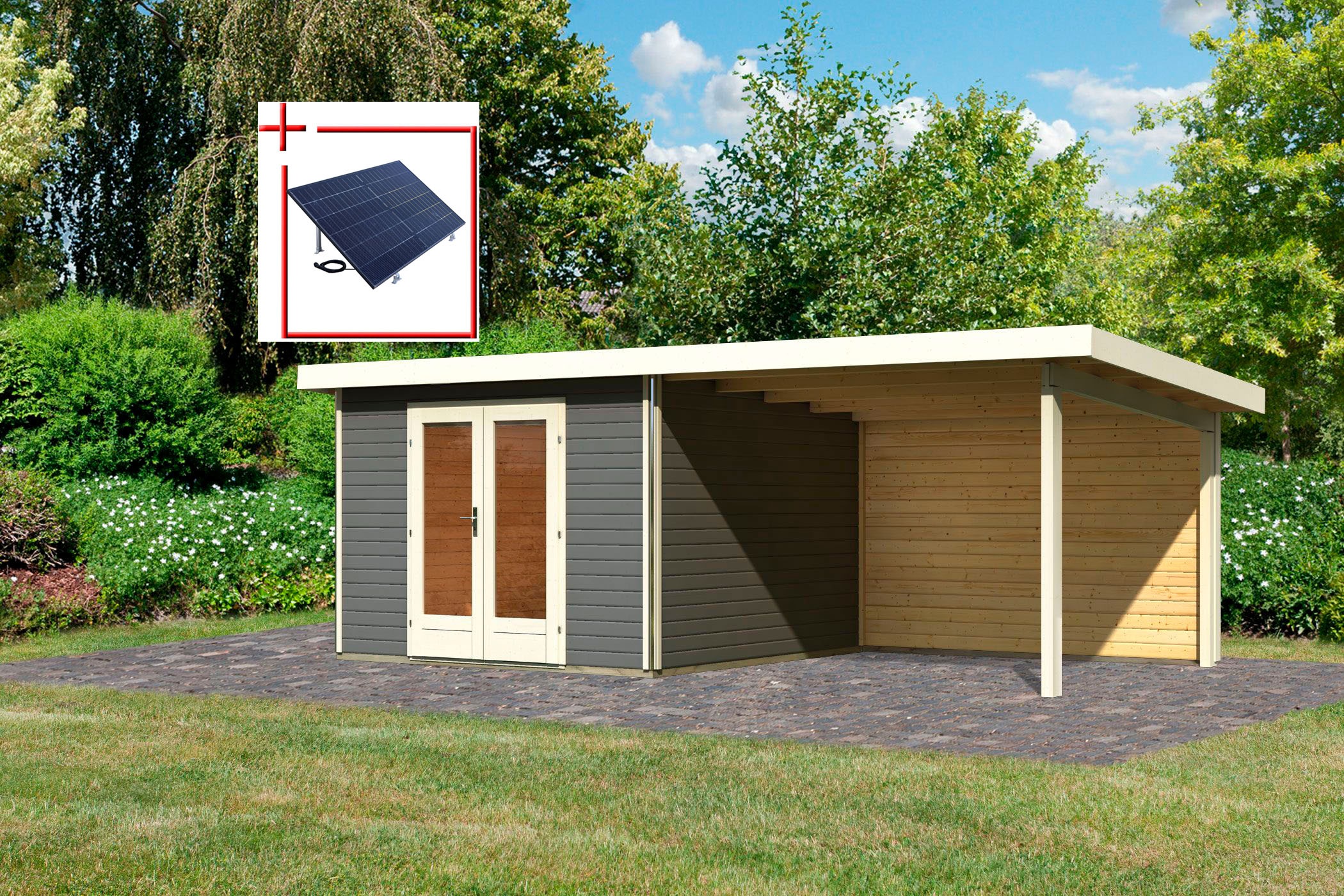 KONIFERA Gartenhaus »Rabensee 1« mit Anbaudach 3, 30 m, Rückwand, terragrau terragrau