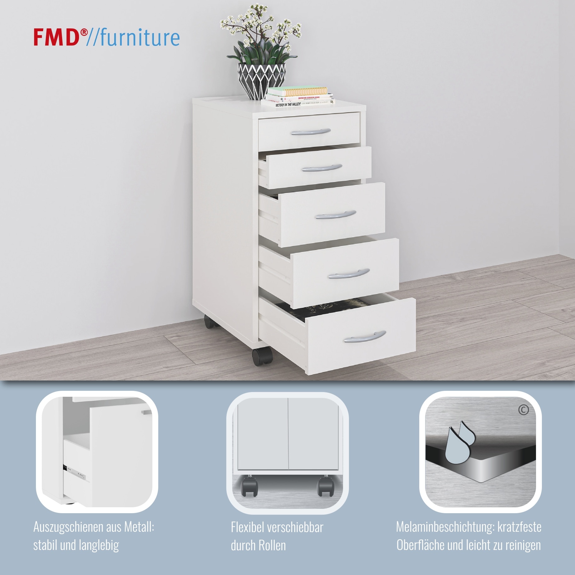 FMD Rollcontainer »Freddy« Büroaufbwahrung mit 5 Schubkästen auf Rollen, 63 cm hoch