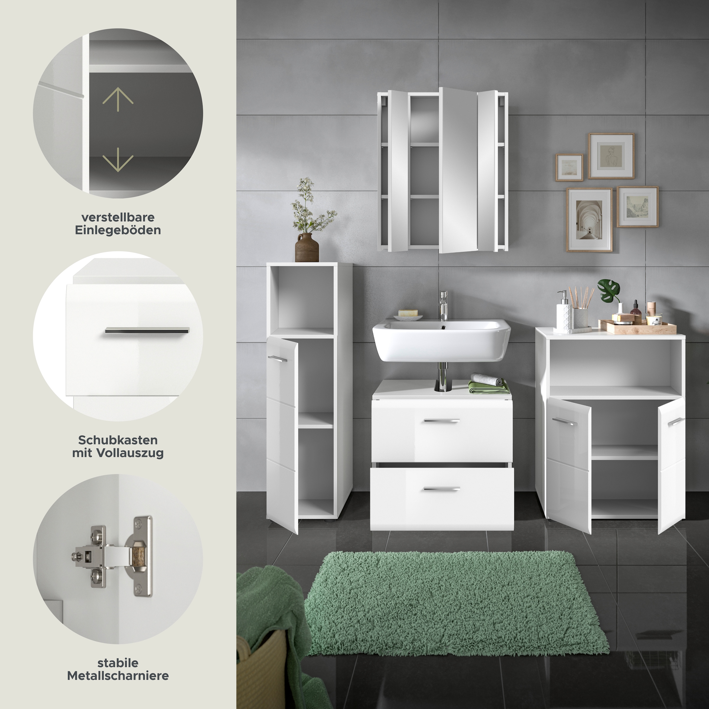 INOSIGN Badmöbel-Set »FLORENZ, TOPSELLER!, 4-teilige Badkombination, hochwertige MDF-Front«, (Midischrank hoch, WBU, Spiegelschrank, Midischrank breit), Bad-Kombination, Bad-Möbel, Badezimmer, Kombination, Kombi