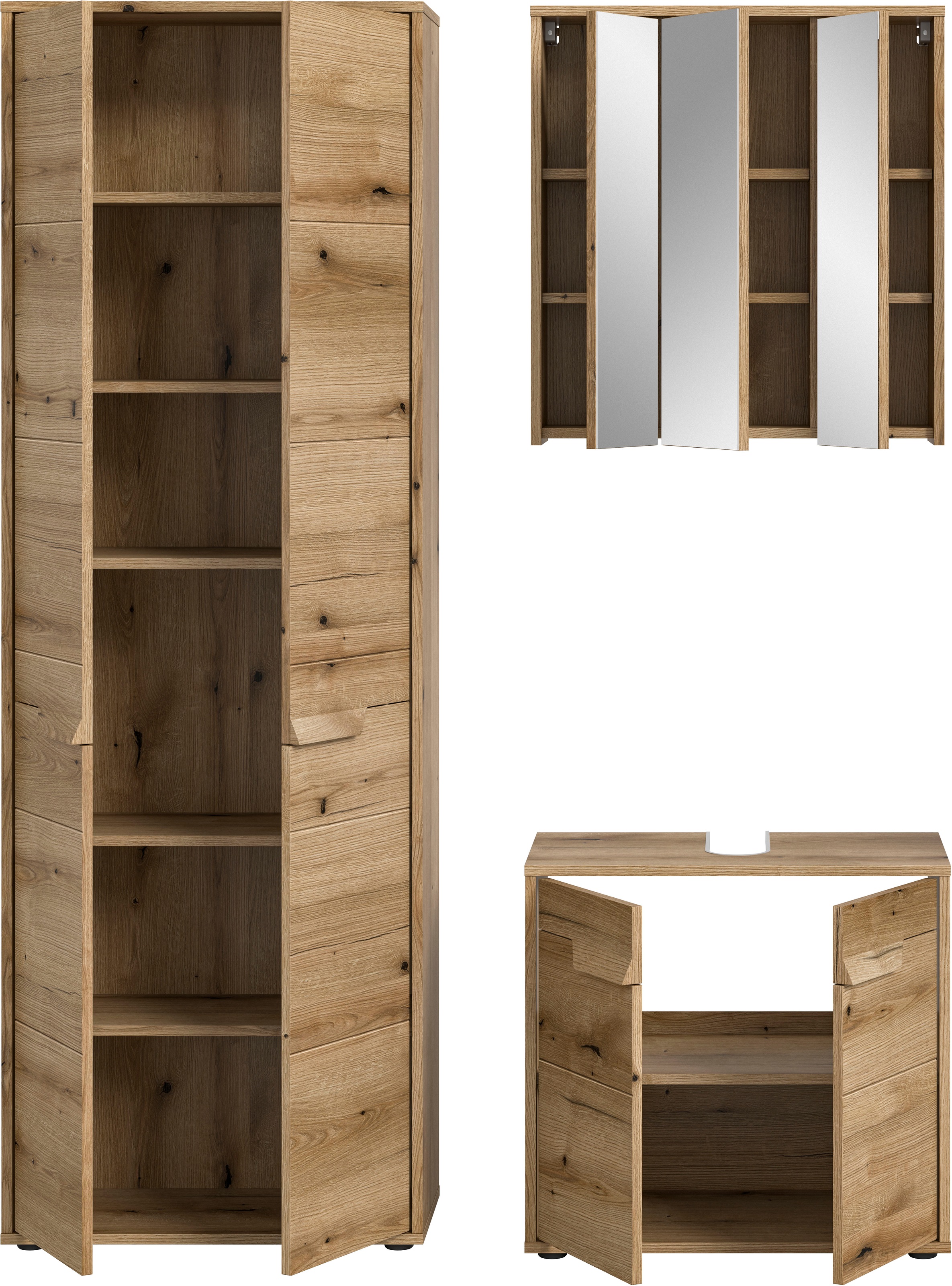 welltime Badmöbel-Set »Kayu, bestehend aus: Hochschrank, Waschbeckenunterschrank,«, Spiegelschrank, hochwertige MDF Front mit Rillenfräsung, Bad, Bad Set