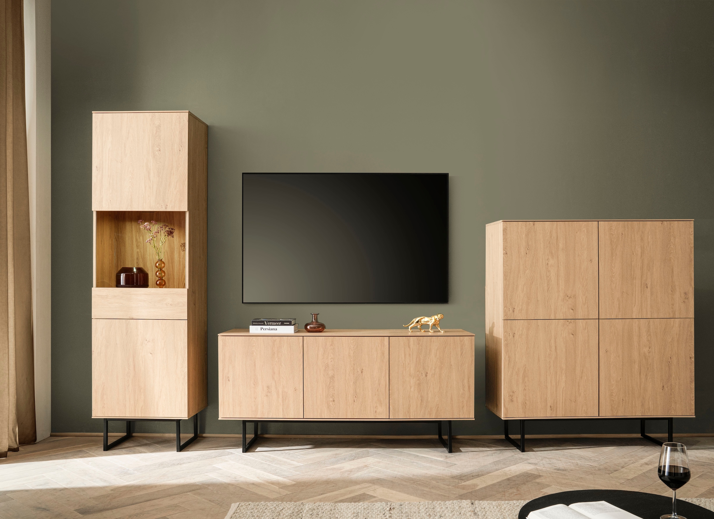 Home affaire Wohnwand »Lund, moderne Anbauwand, Wohnzimmer-Set in Stone Oak günstig online kaufen