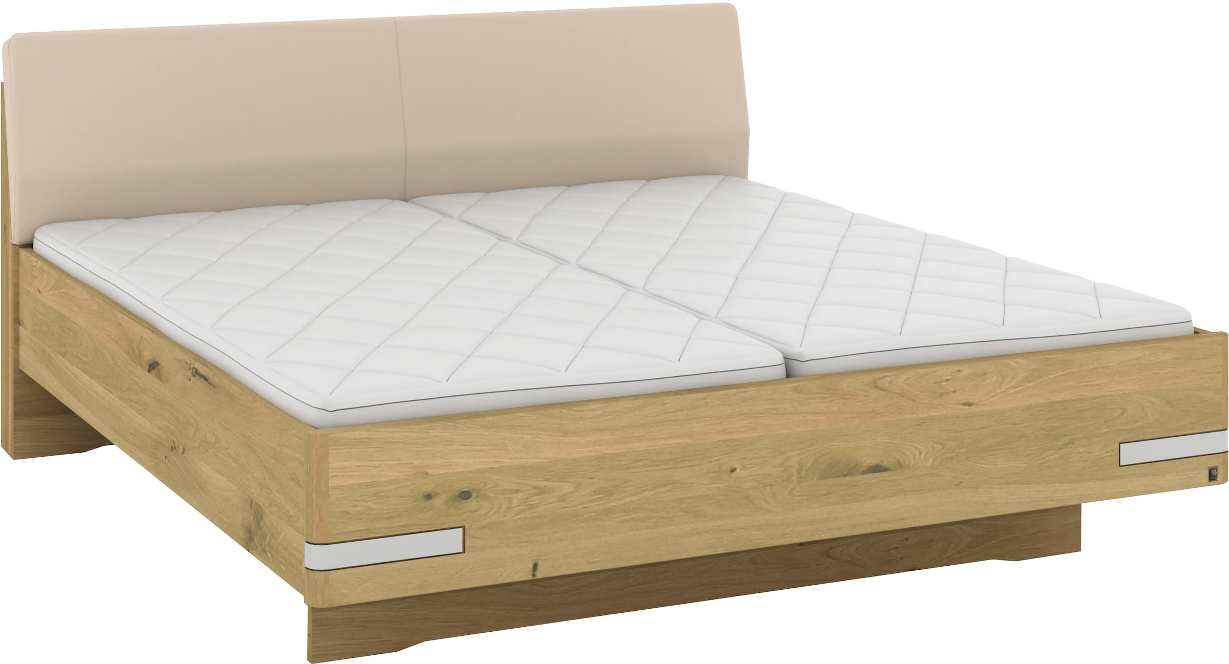Musterring Holzbett »Savona, Bettgestell, Bettrahmen, teilmassiv Bianco-Eiche«, (Belastbarkeit 220 Kg, 4-fache Liegehöhenverstellung, MADE IN GERMANY), Kopfteil Kunstleder Champagner, Details in Chrom, verschiedene Größen