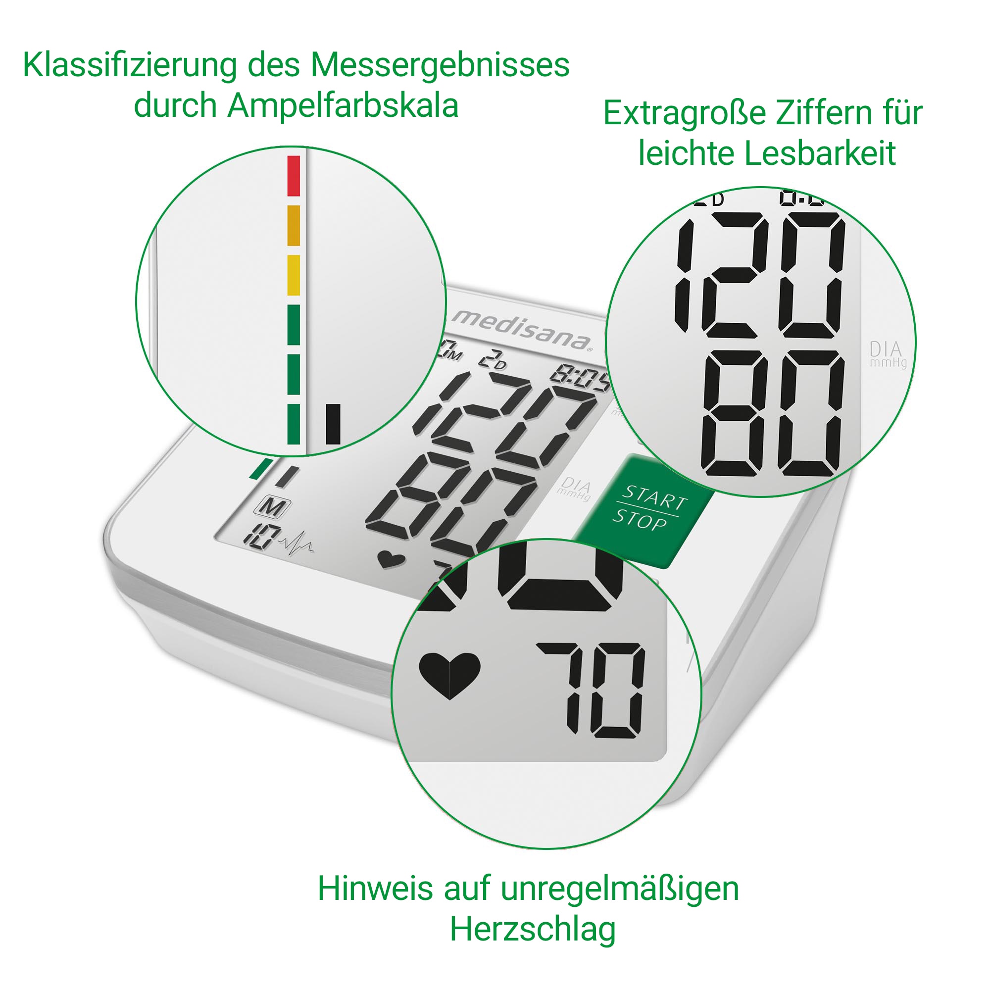 Medisana Oberarm-Blutdruckmessgerät »BU 512«, unregelmäßige Herzschlaganzeige, Je 90 Speicherplätze, große Ziffern