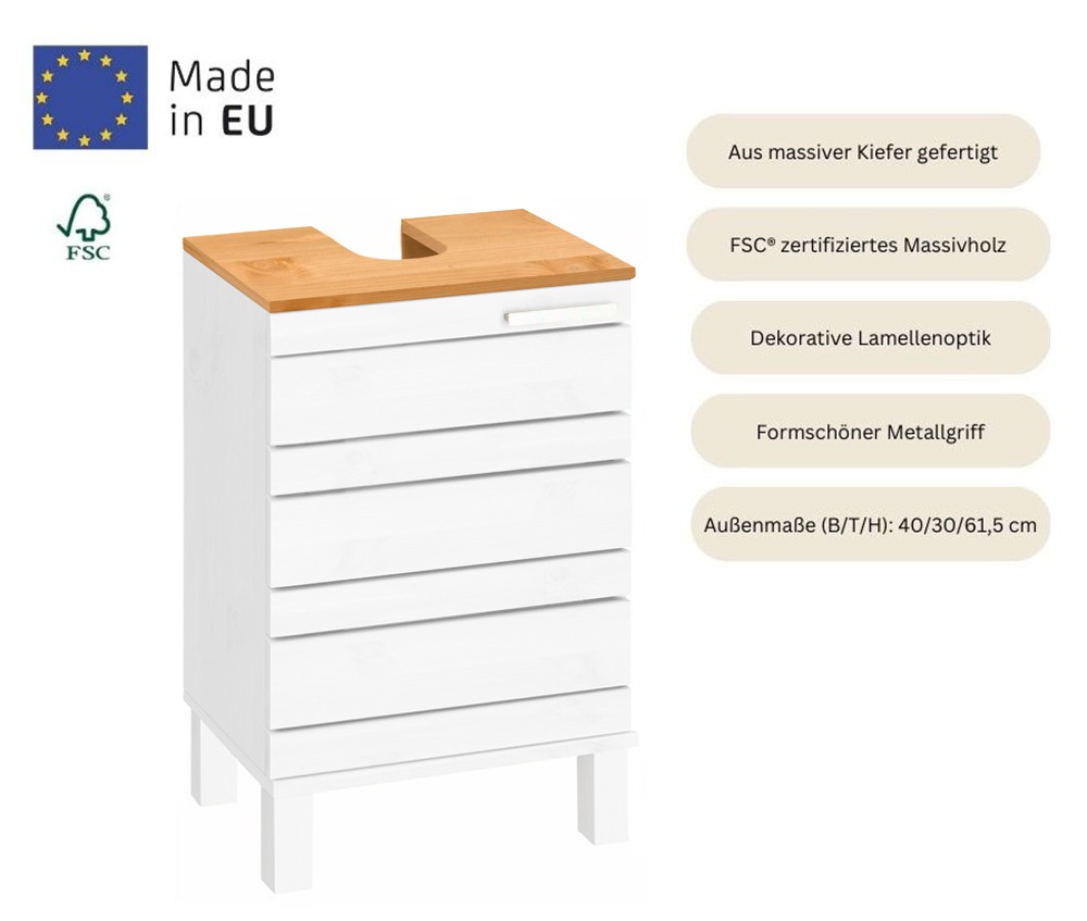 Home affaire Waschbeckenunterschrank »JOSIE«, Breite 40 cm, aus Massivholz, Metallgriff, 1 Tür