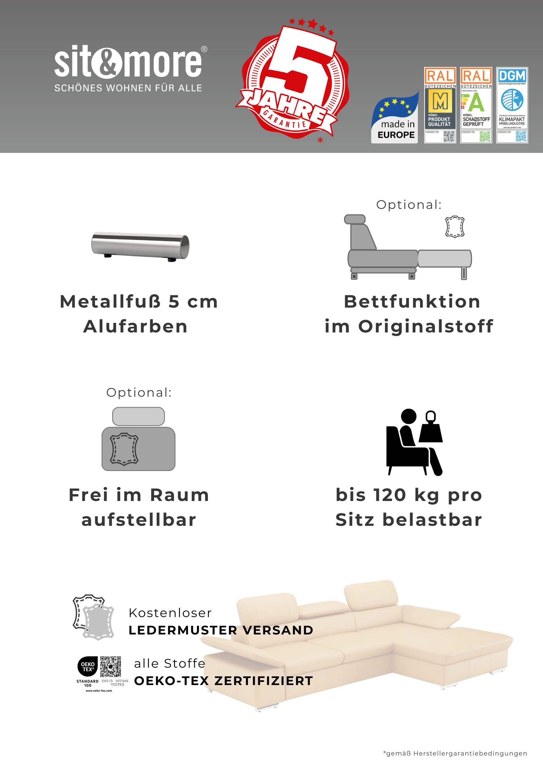 sit&more Ecksofa »Valantine L-Form, B: 272 cm, Leder, mit Arm- und Kopfteilverstellung« optional Schlaffunktion, Komfortsofa, modern