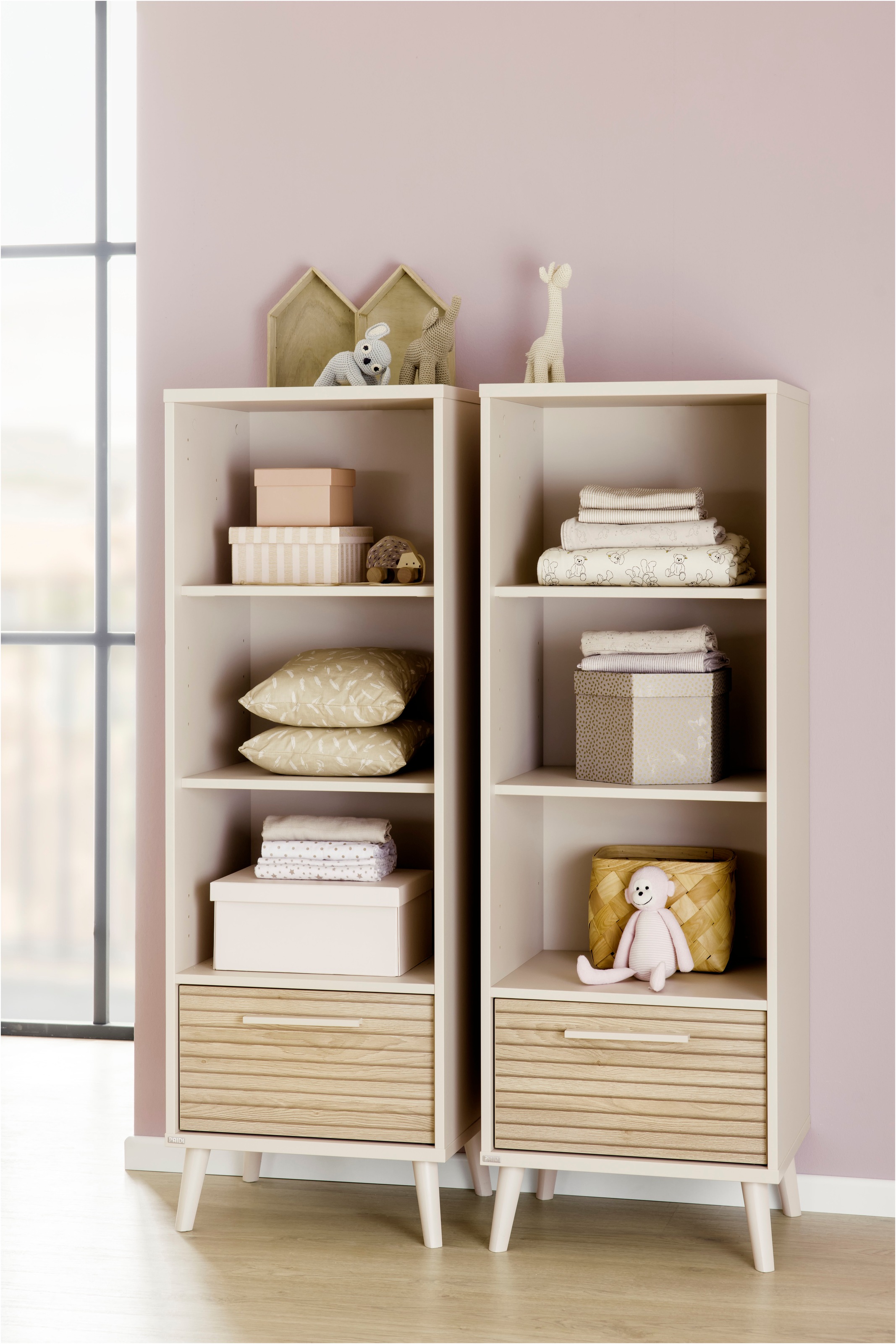 PAIDI Standregal »EEFJE, Regal in modernem Design, Cashmere-Beige mit Groovy-Oak«, (B/H/T ca. 48x139x41cm), mit Schublade, 3 Fächer, Einlegeböden variabel